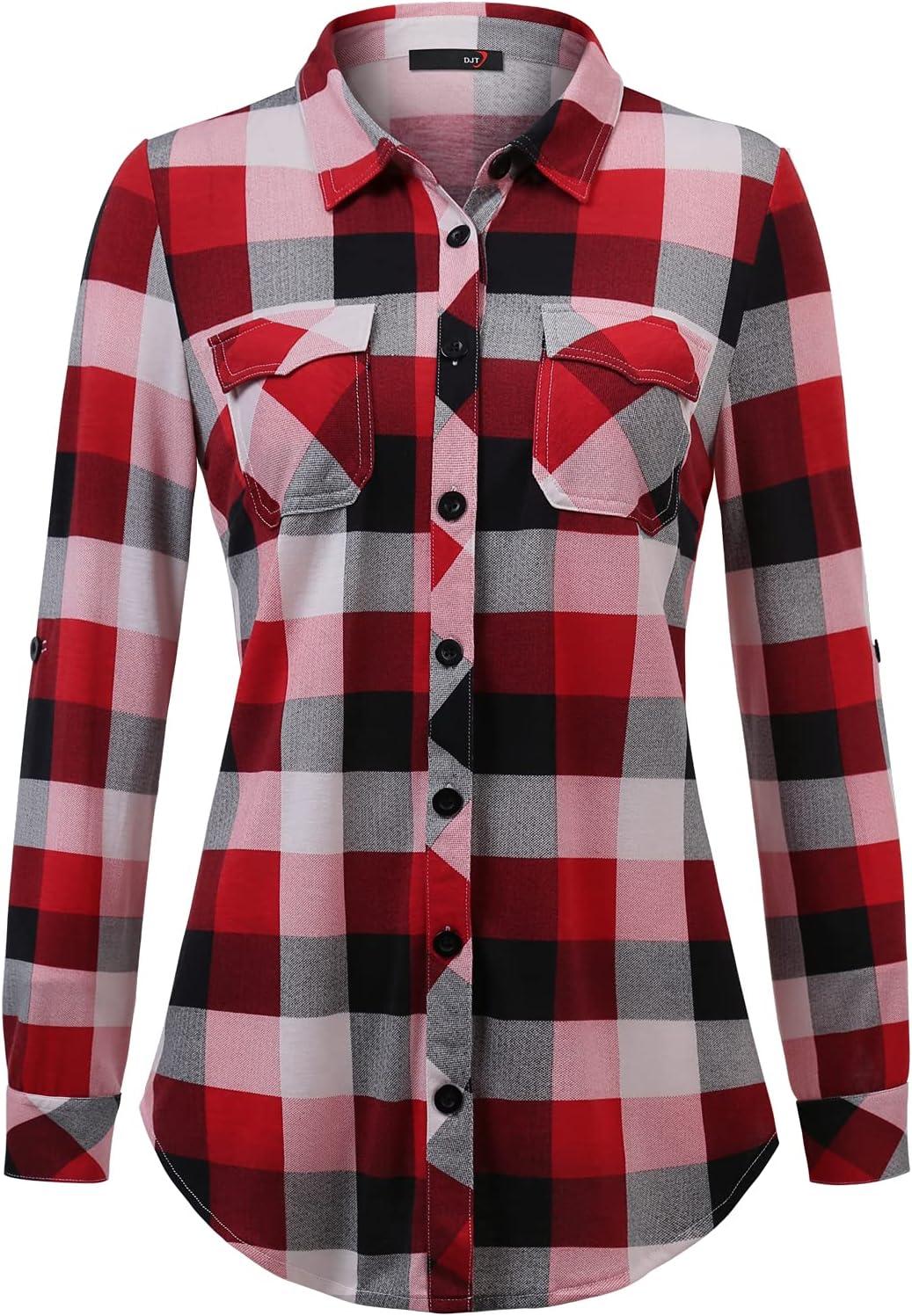 image:imageDJT Womens Soft Stretchy Knit Plaid Shirts Roll Up Long Sleeve Collared Button Down Blouses TopsBittersweet