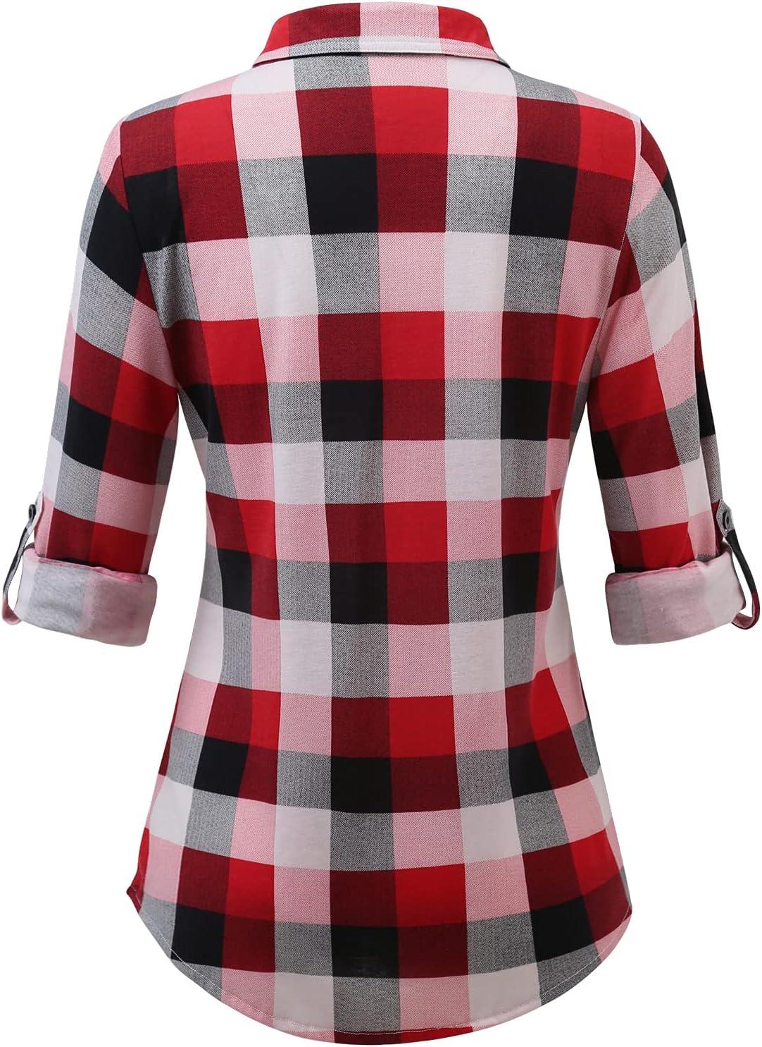 image:imageDJT Womens Soft Stretchy Knit Plaid Shirts Roll Up Long Sleeve Collared Button Down Blouses TopsBittersweet