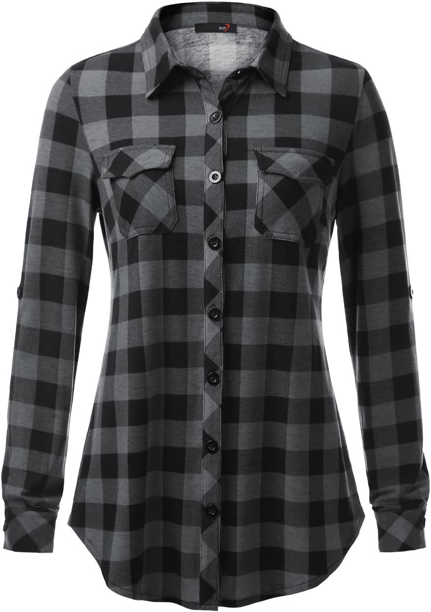 image:imageDJT Womens Soft Stretchy Knit Plaid Shirts Roll Up Long Sleeve Collared Button Down Blouses TopsBlack Plaid