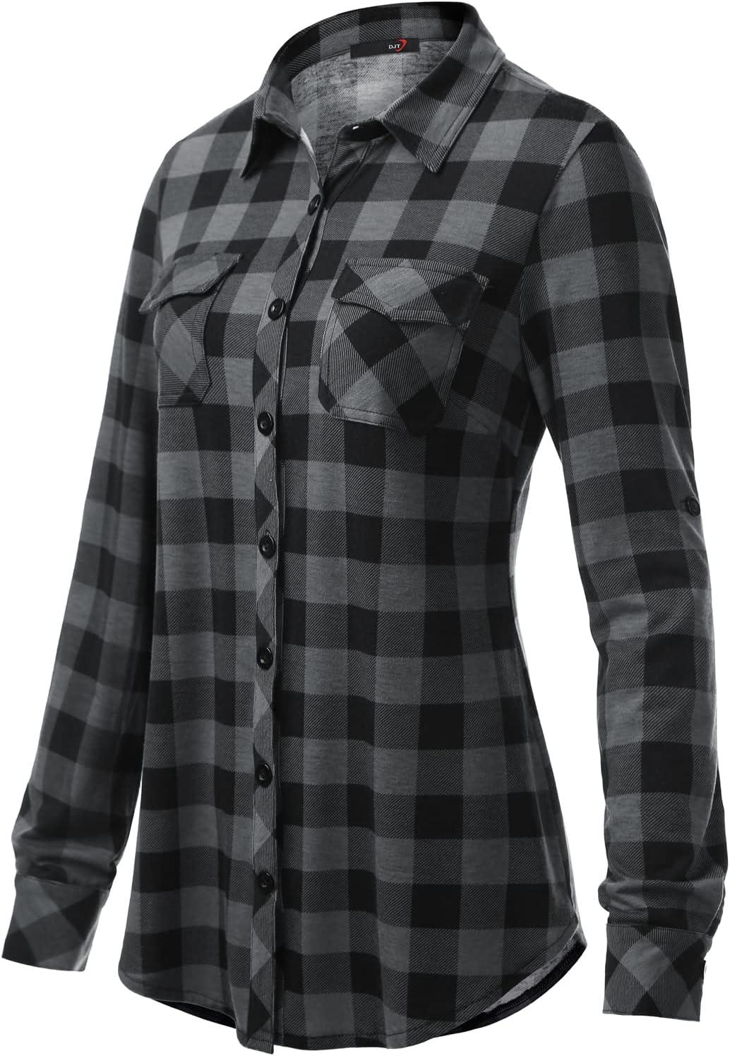 image:imageDJT Womens Soft Stretchy Knit Plaid Shirts Roll Up Long Sleeve Collared Button Down Blouses TopsBlack Plaid