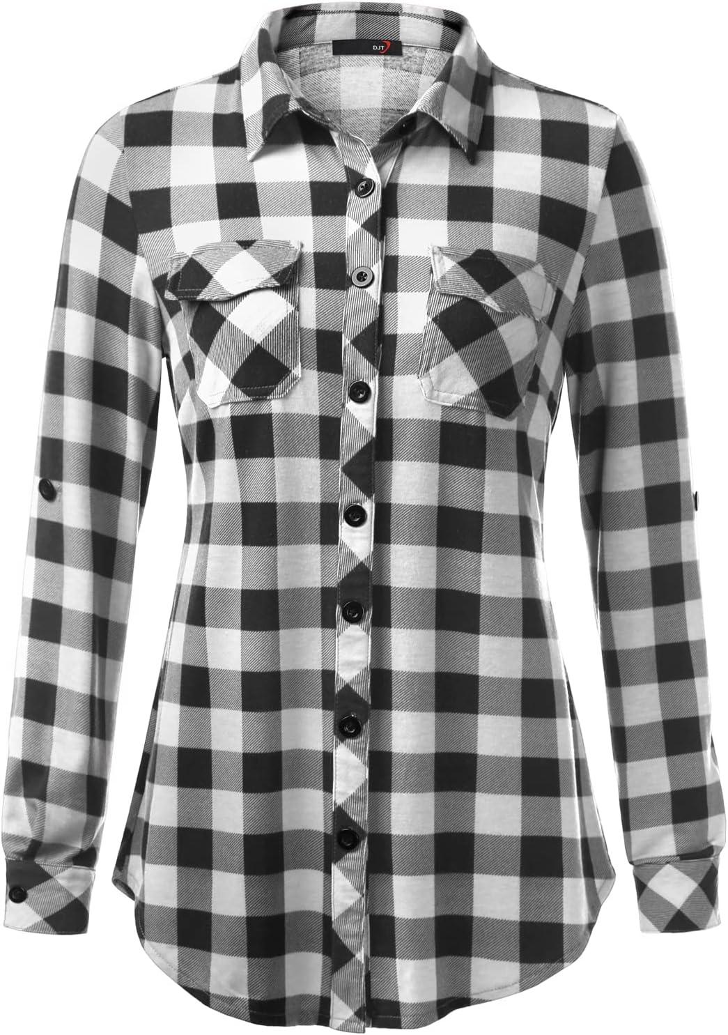 image:imageDJT Womens Soft Stretchy Knit Plaid Shirts Roll Up Long Sleeve Collared Button Down Blouses TopsBlackwhite