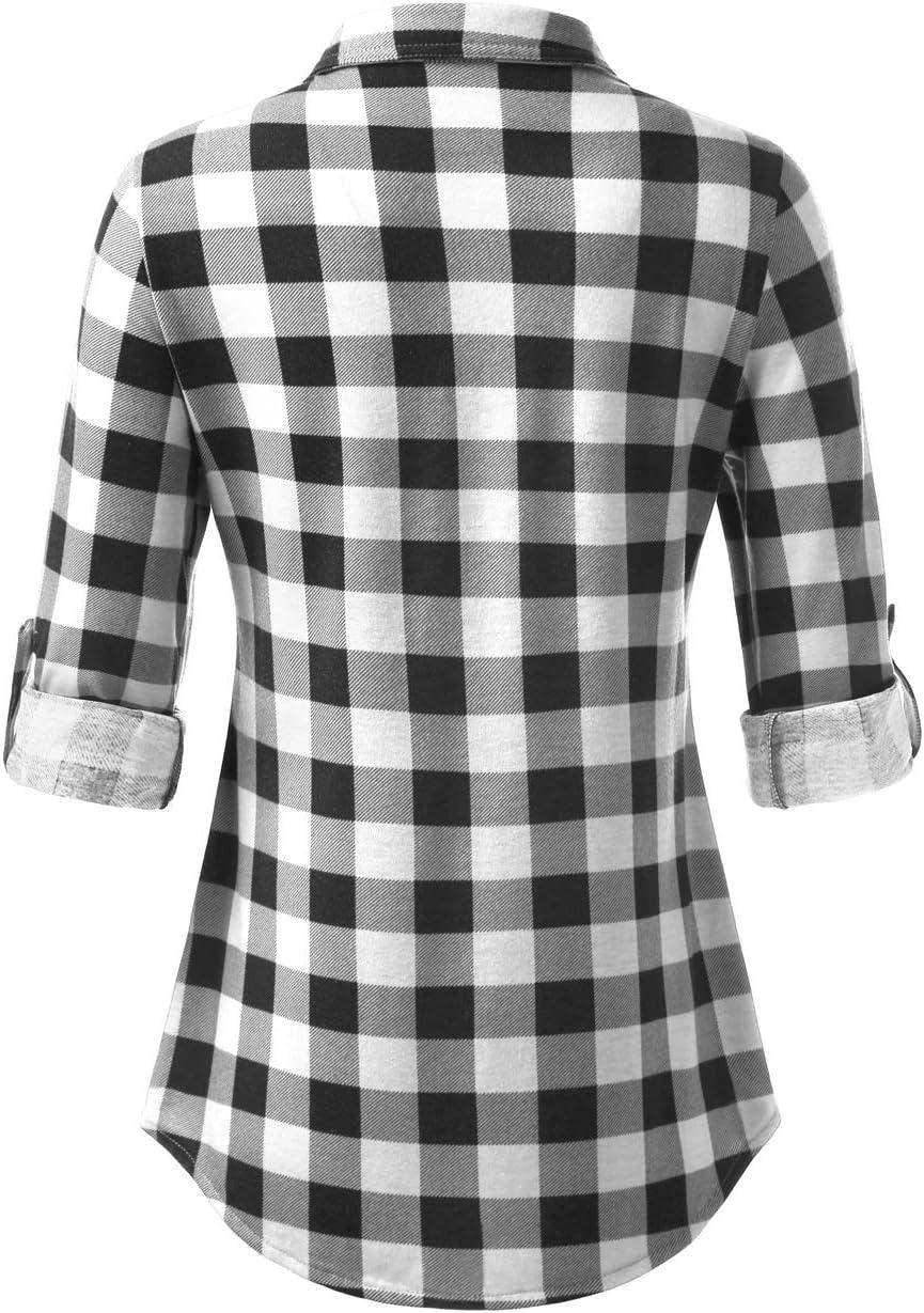 image:imageDJT Womens Soft Stretchy Knit Plaid Shirts Roll Up Long Sleeve Collared Button Down Blouses TopsBlackwhite
