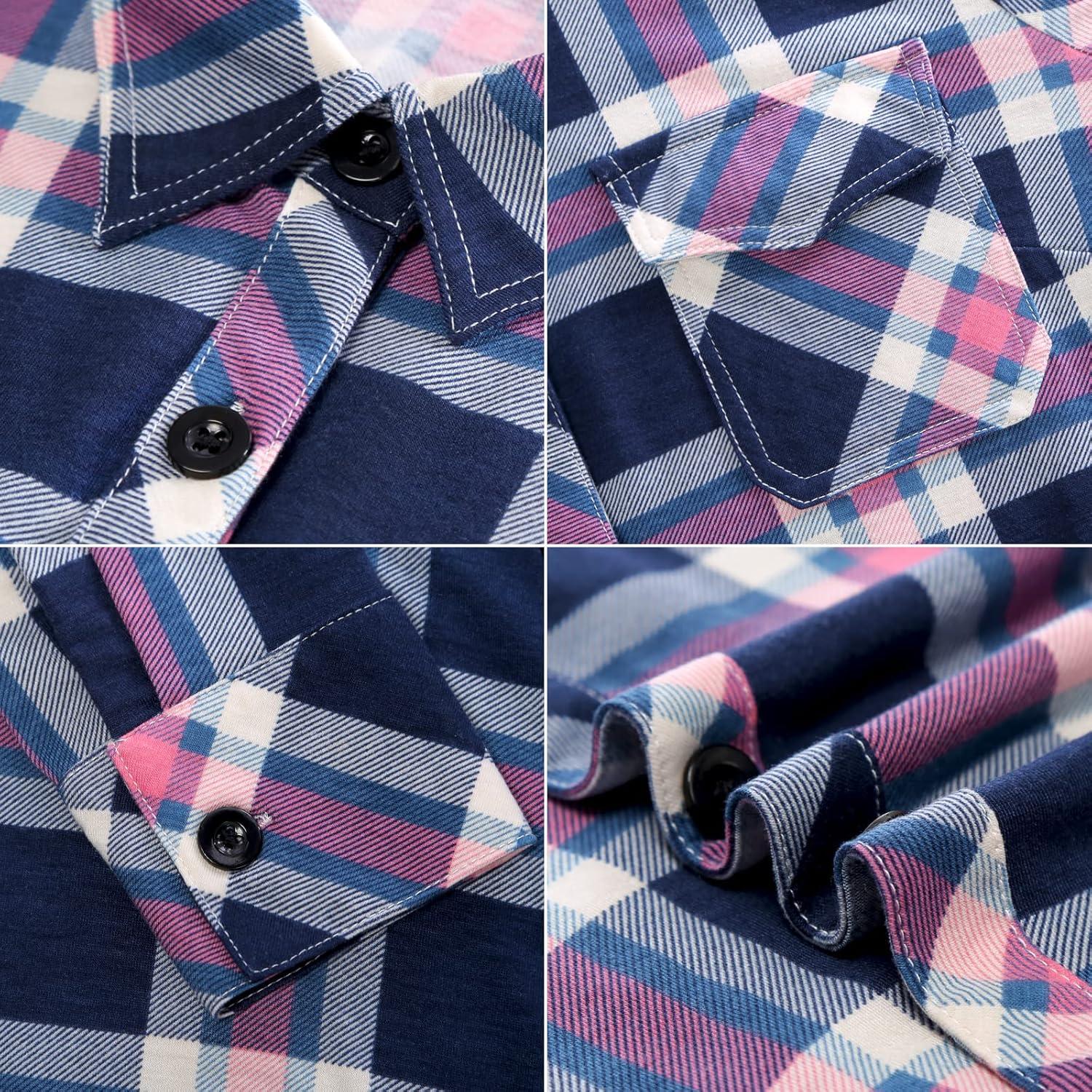 image:imageDJT Womens Soft Stretchy Knit Plaid Shirts Roll Up Long Sleeve Collared Button Down Blouses TopsBluepink