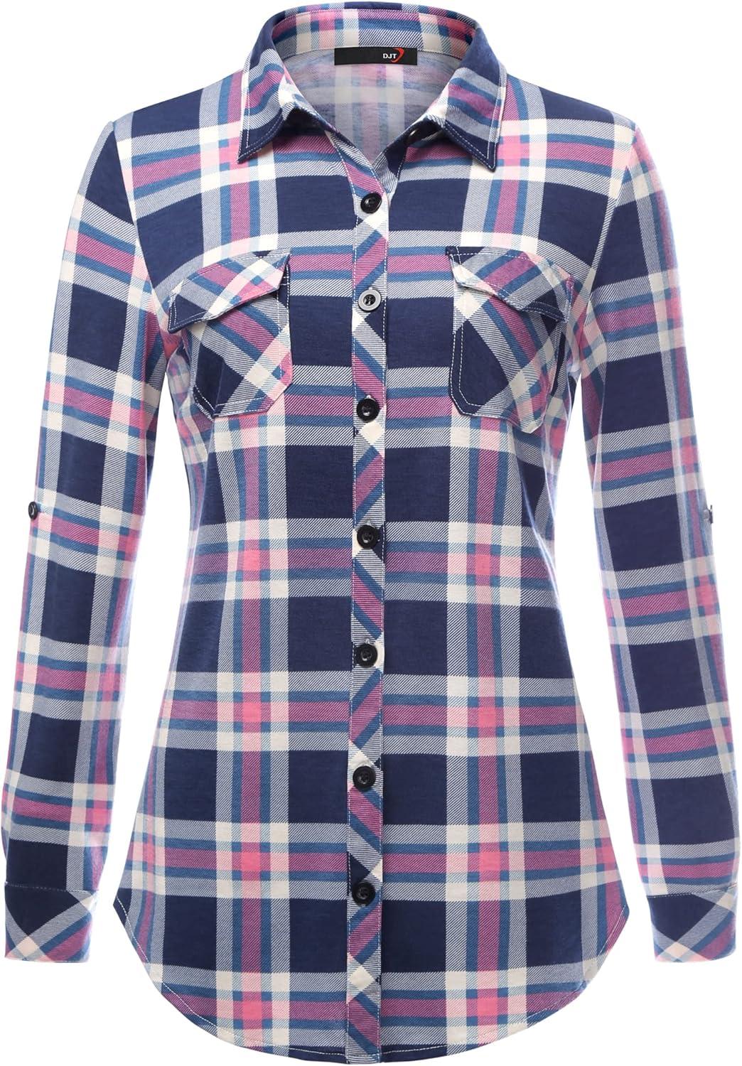 image:imageDJT Womens Soft Stretchy Knit Plaid Shirts Roll Up Long Sleeve Collared Button Down Blouses TopsBluepink