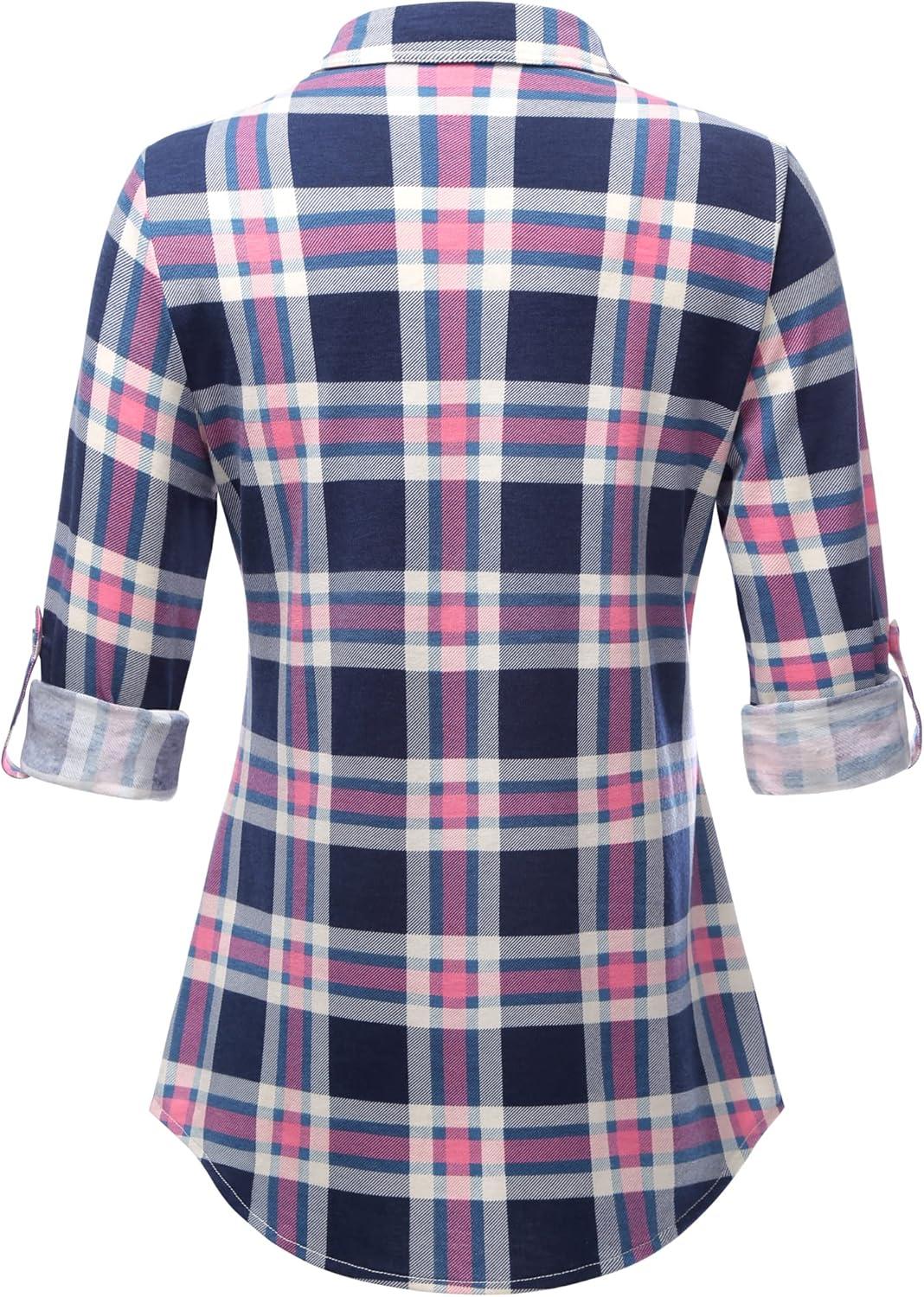 image:imageDJT Womens Soft Stretchy Knit Plaid Shirts Roll Up Long Sleeve Collared Button Down Blouses TopsBluepink