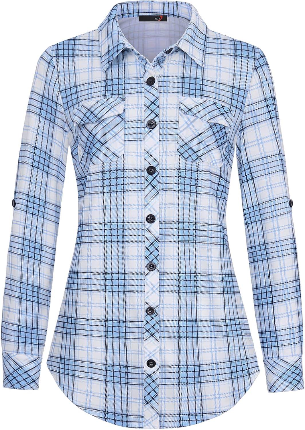 image:imageDJT Womens Soft Stretchy Knit Plaid Shirts Roll Up Long Sleeve Collared Button Down Blouses TopsBluewhite