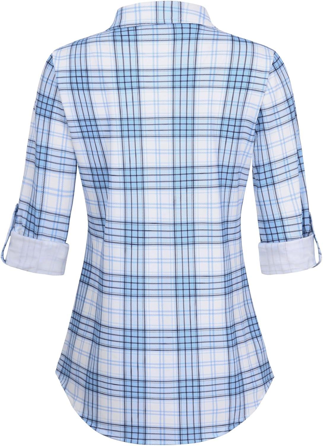 image:imageDJT Womens Soft Stretchy Knit Plaid Shirts Roll Up Long Sleeve Collared Button Down Blouses TopsBluewhite