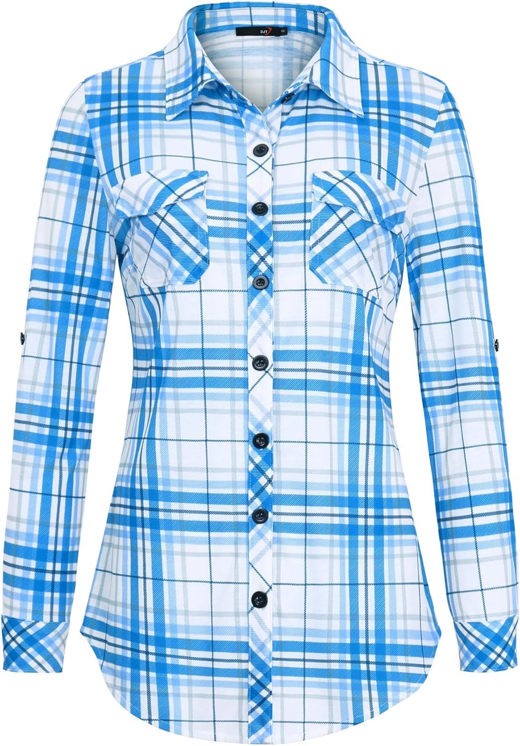 image:imageDJT Womens Soft Stretchy Knit Plaid Shirts Roll Up Long Sleeve Collared Button Down Blouses TopsBluewhite Plaid