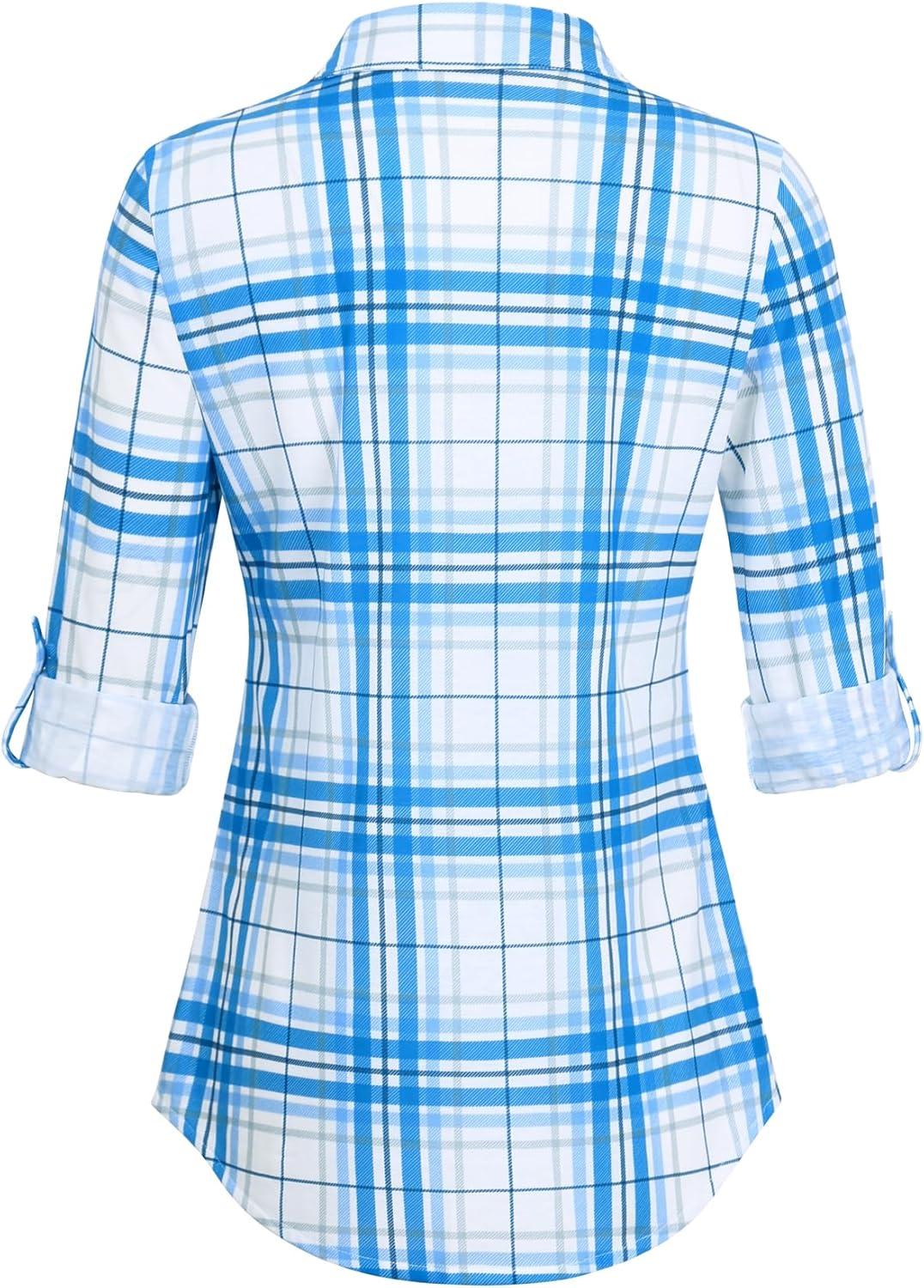 image:imageDJT Womens Soft Stretchy Knit Plaid Shirts Roll Up Long Sleeve Collared Button Down Blouses TopsBluewhite Plaid