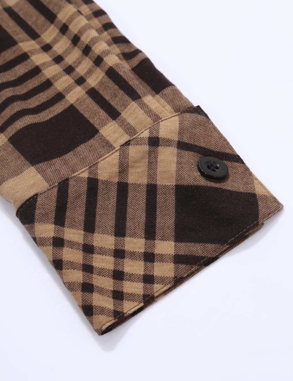 image:imageDJT Womens Soft Stretchy Knit Plaid Shirts Roll Up Long Sleeve Collared Button Down Blouses TopsCoffee