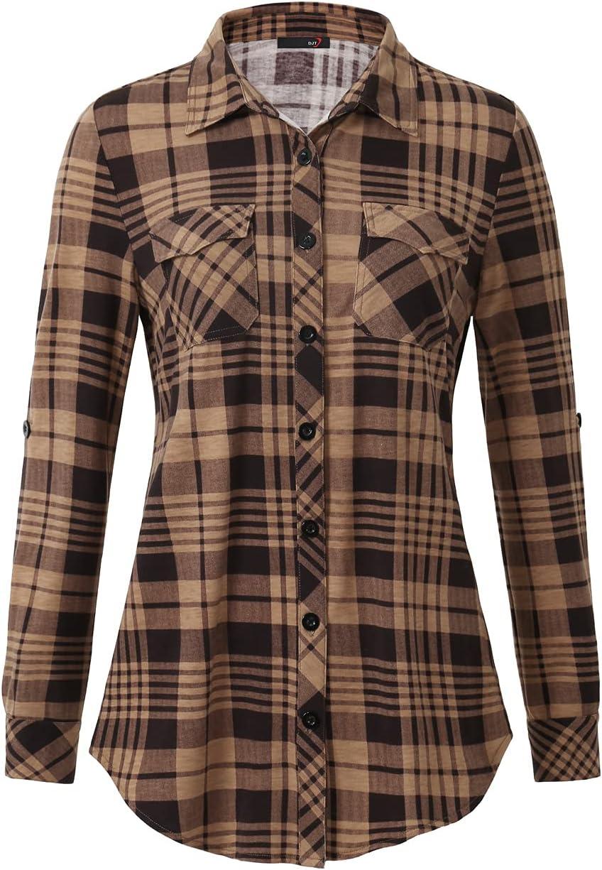 image:imageDJT Womens Soft Stretchy Knit Plaid Shirts Roll Up Long Sleeve Collared Button Down Blouses TopsCoffee