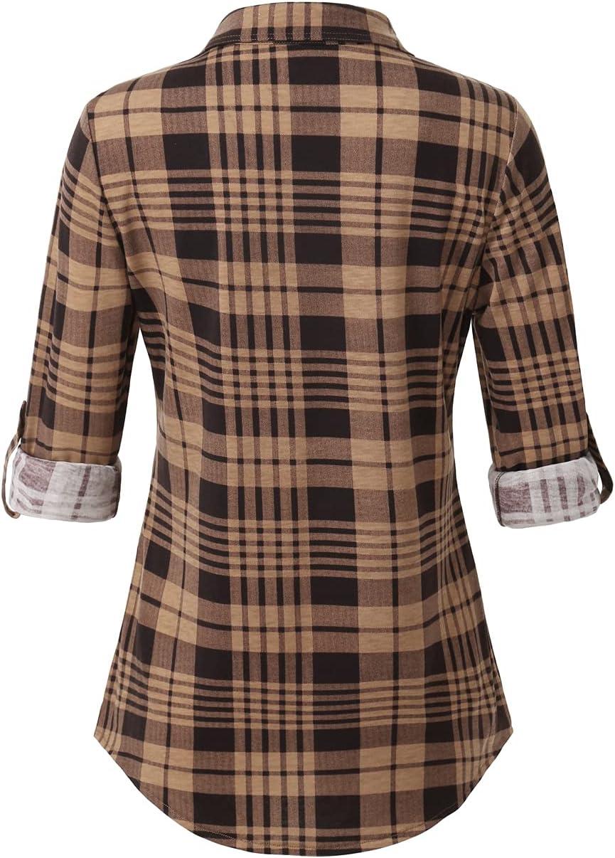 image:imageDJT Womens Soft Stretchy Knit Plaid Shirts Roll Up Long Sleeve Collared Button Down Blouses TopsCoffee