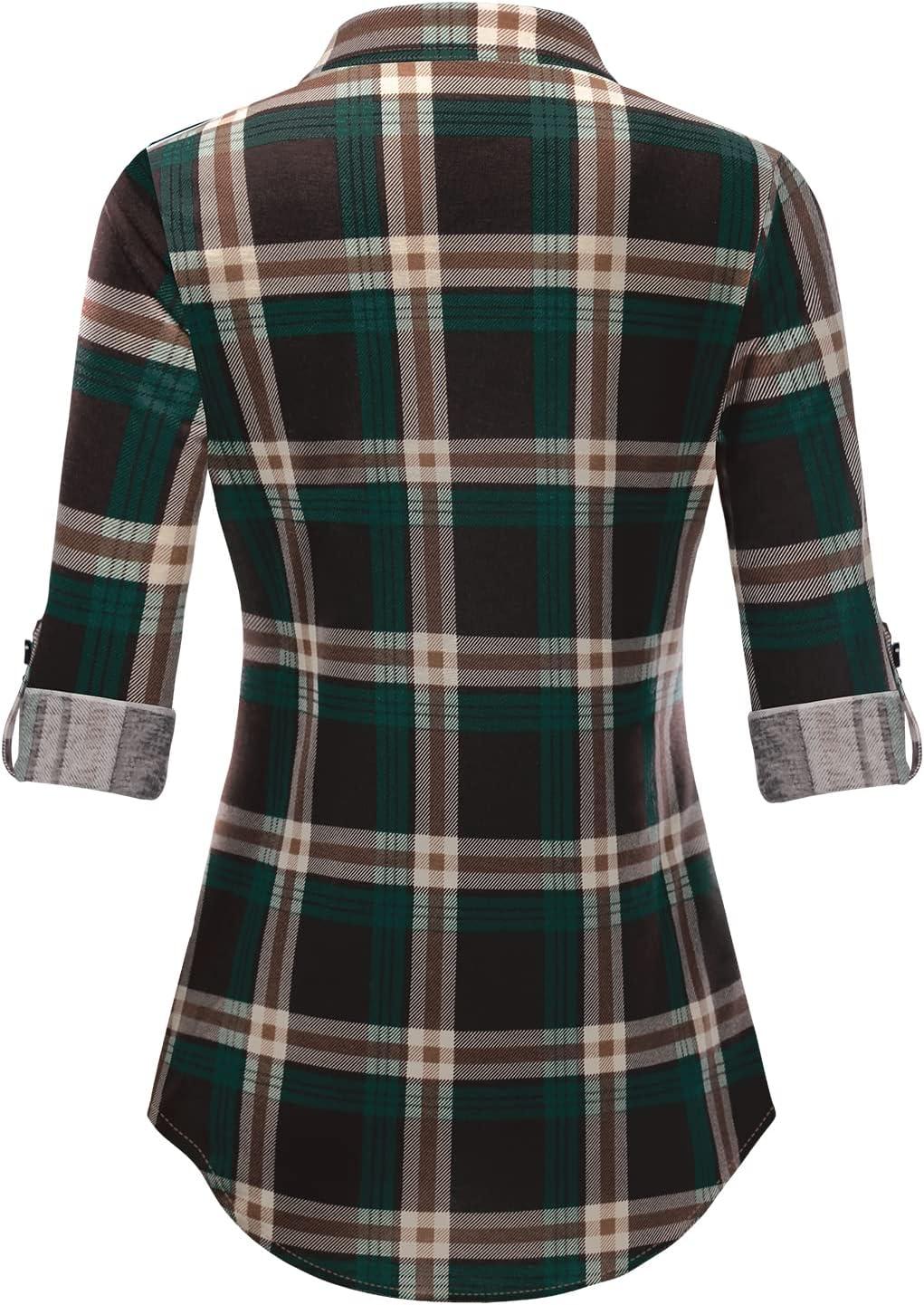 image:imageDJT Womens Soft Stretchy Knit Plaid Shirts Roll Up Long Sleeve Collared Button Down Blouses TopsCoffeegreen