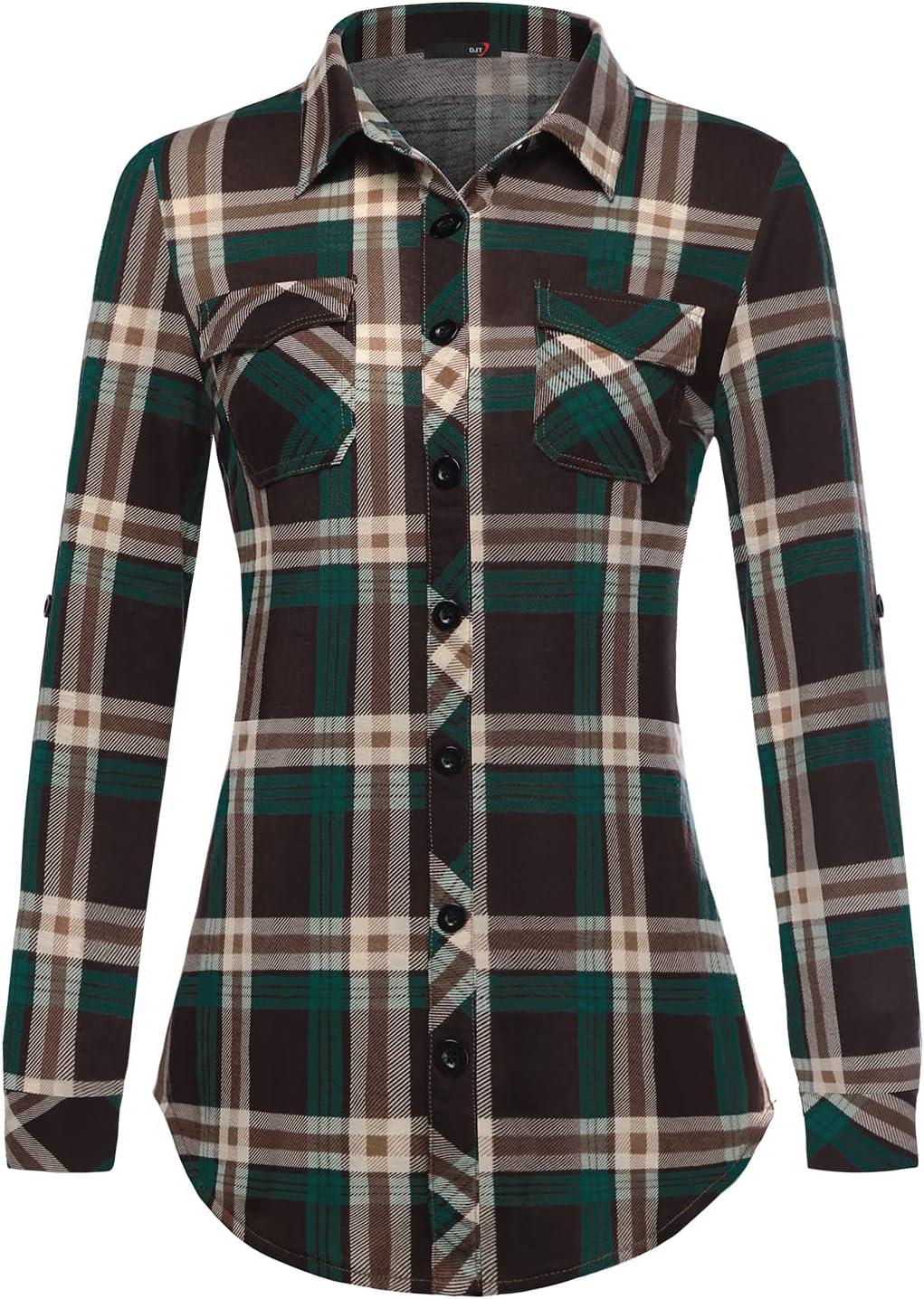image:imageDJT Womens Soft Stretchy Knit Plaid Shirts Roll Up Long Sleeve Collared Button Down Blouses TopsCoffeegreen
