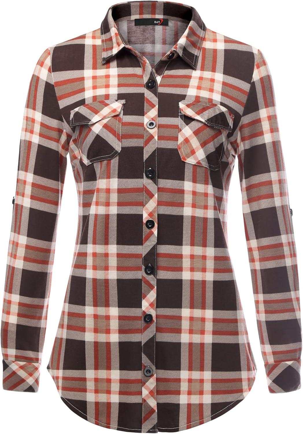 image:imageDJT Womens Soft Stretchy Knit Plaid Shirts Roll Up Long Sleeve Collared Button Down Blouses TopsDark Coffee