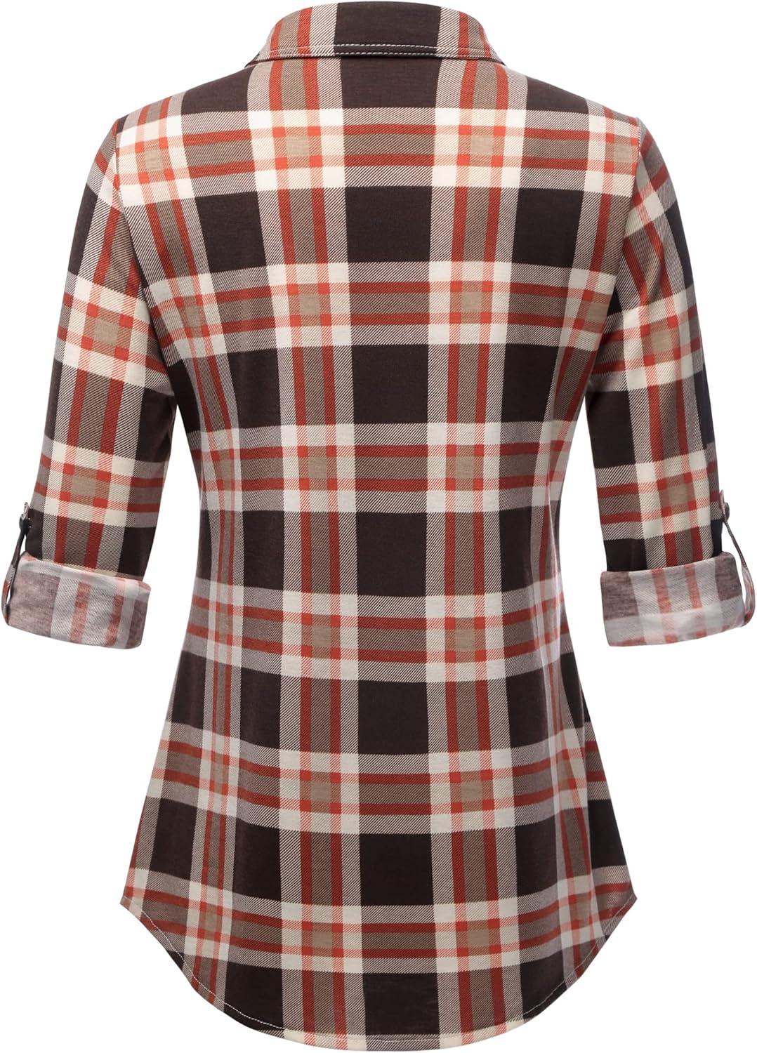 image:imageDJT Womens Soft Stretchy Knit Plaid Shirts Roll Up Long Sleeve Collared Button Down Blouses TopsDark Coffee