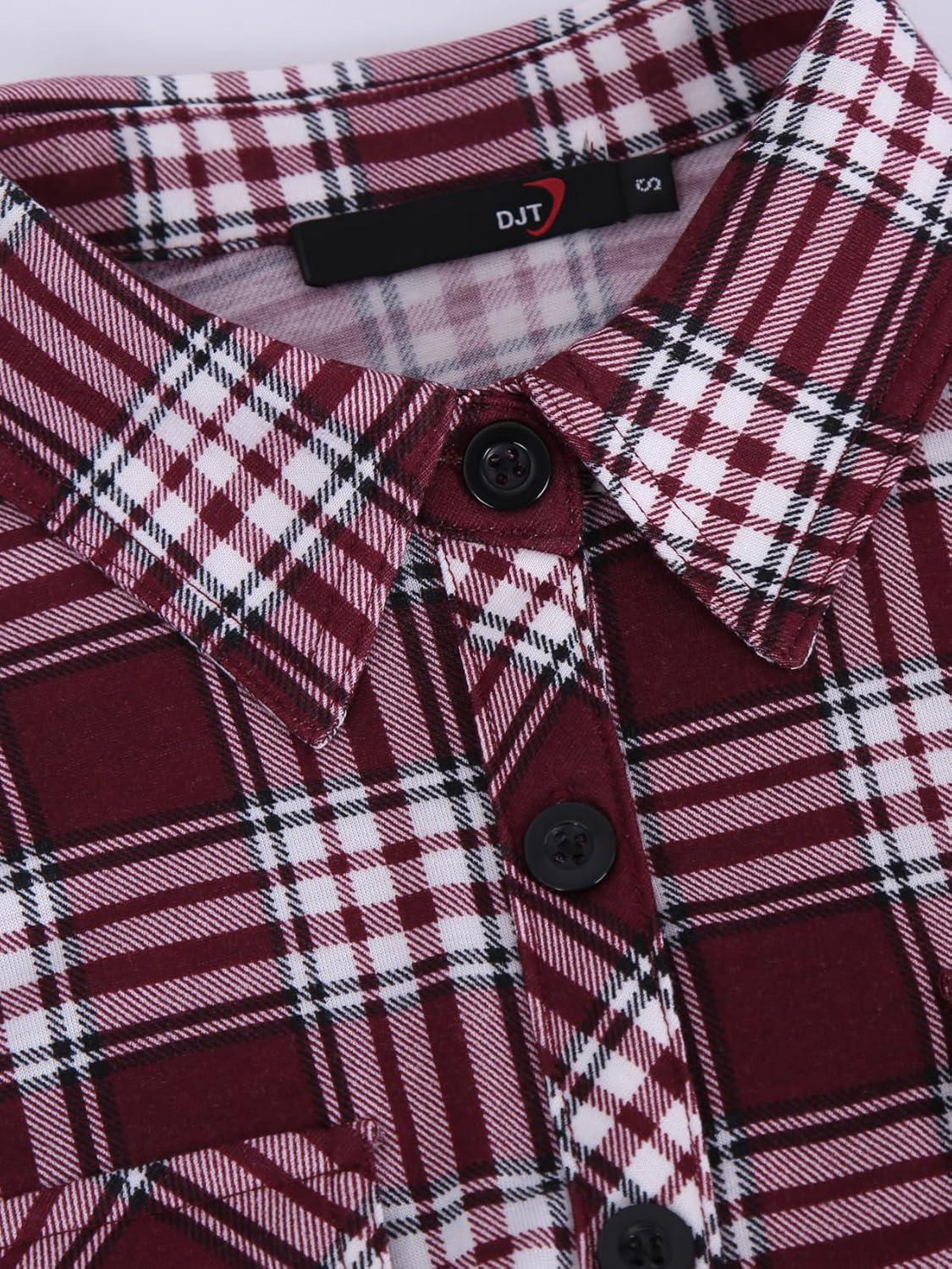 image:imageDJT Womens Soft Stretchy Knit Plaid Shirts Roll Up Long Sleeve Collared Button Down Blouses TopsDark Red