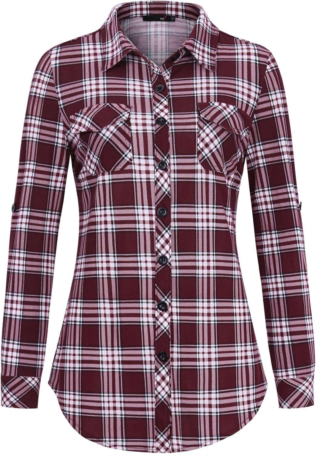 image:imageDJT Womens Soft Stretchy Knit Plaid Shirts Roll Up Long Sleeve Collared Button Down Blouses TopsDark Red