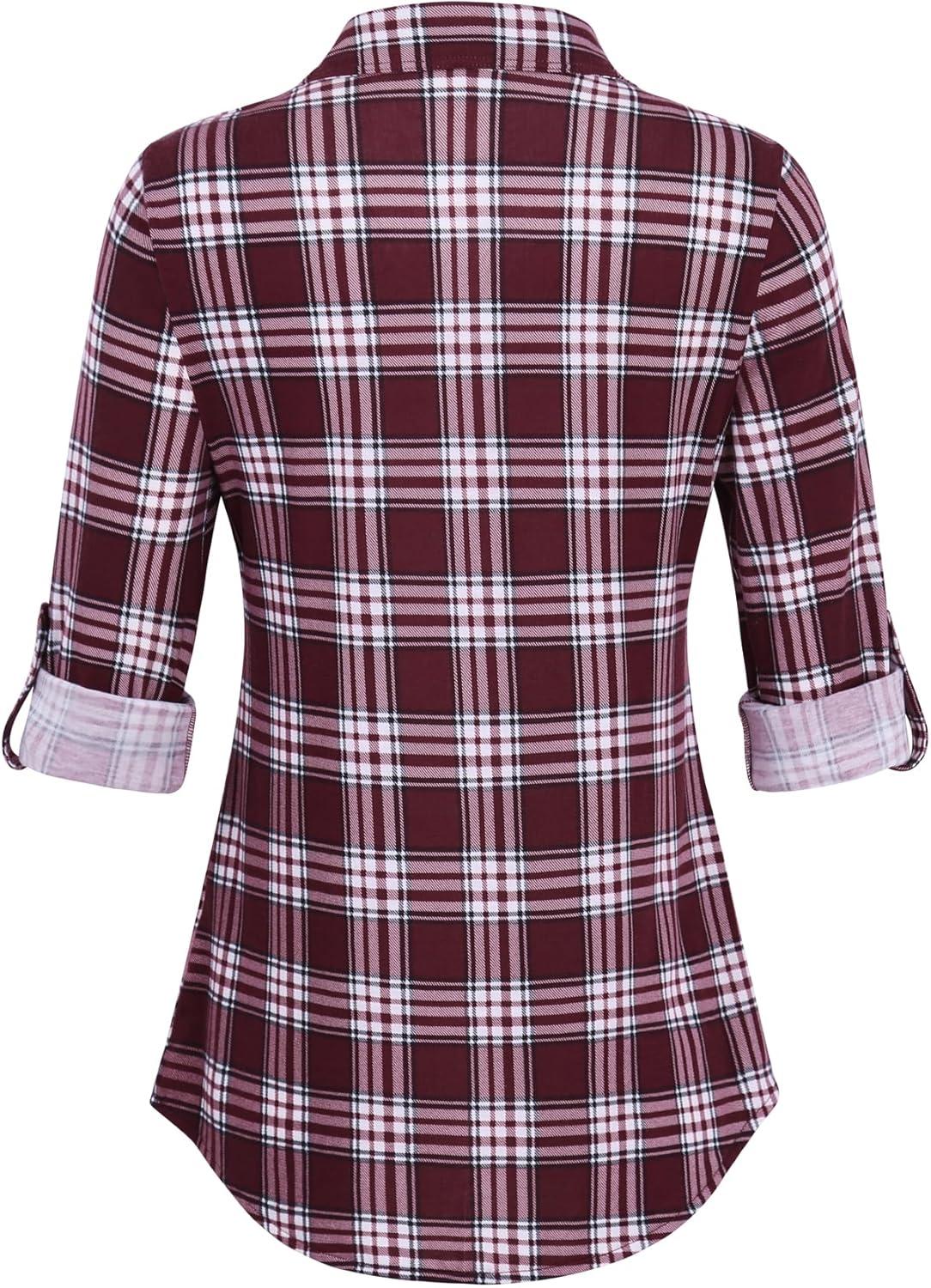 image:imageDJT Womens Soft Stretchy Knit Plaid Shirts Roll Up Long Sleeve Collared Button Down Blouses TopsDark Red