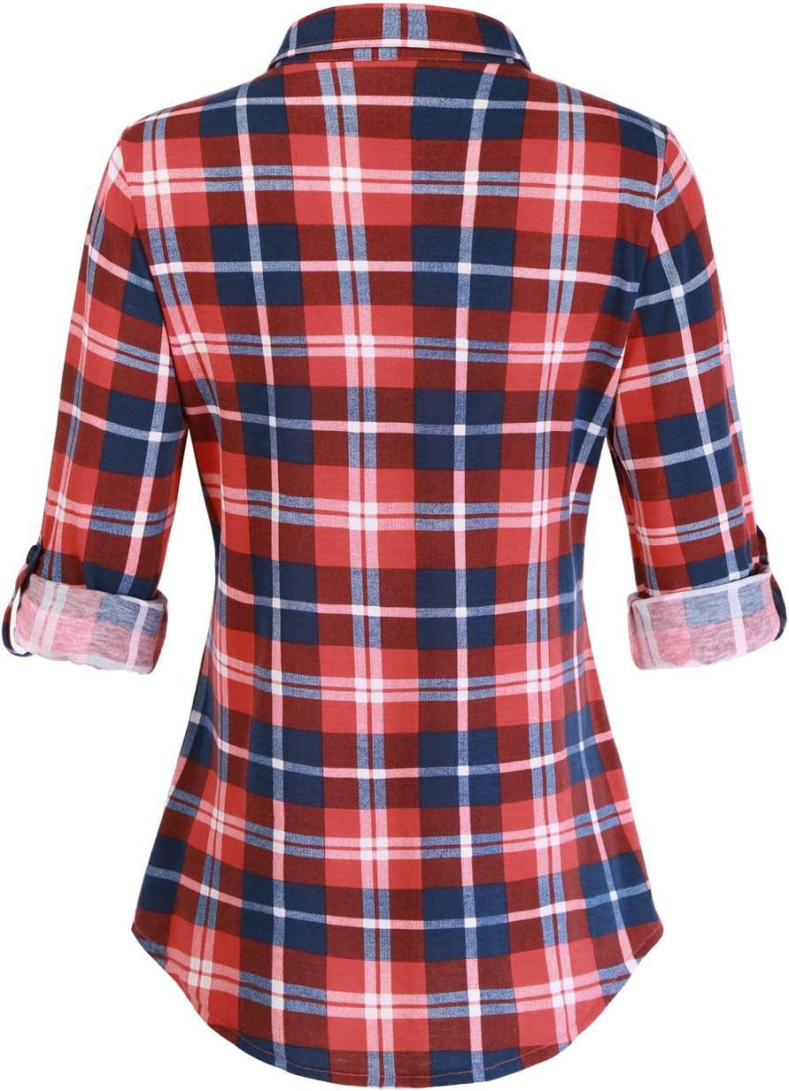 image:imageDJT Womens Soft Stretchy Knit Plaid Shirts Roll Up Long Sleeve Collared Button Down Blouses TopsFiery Red
