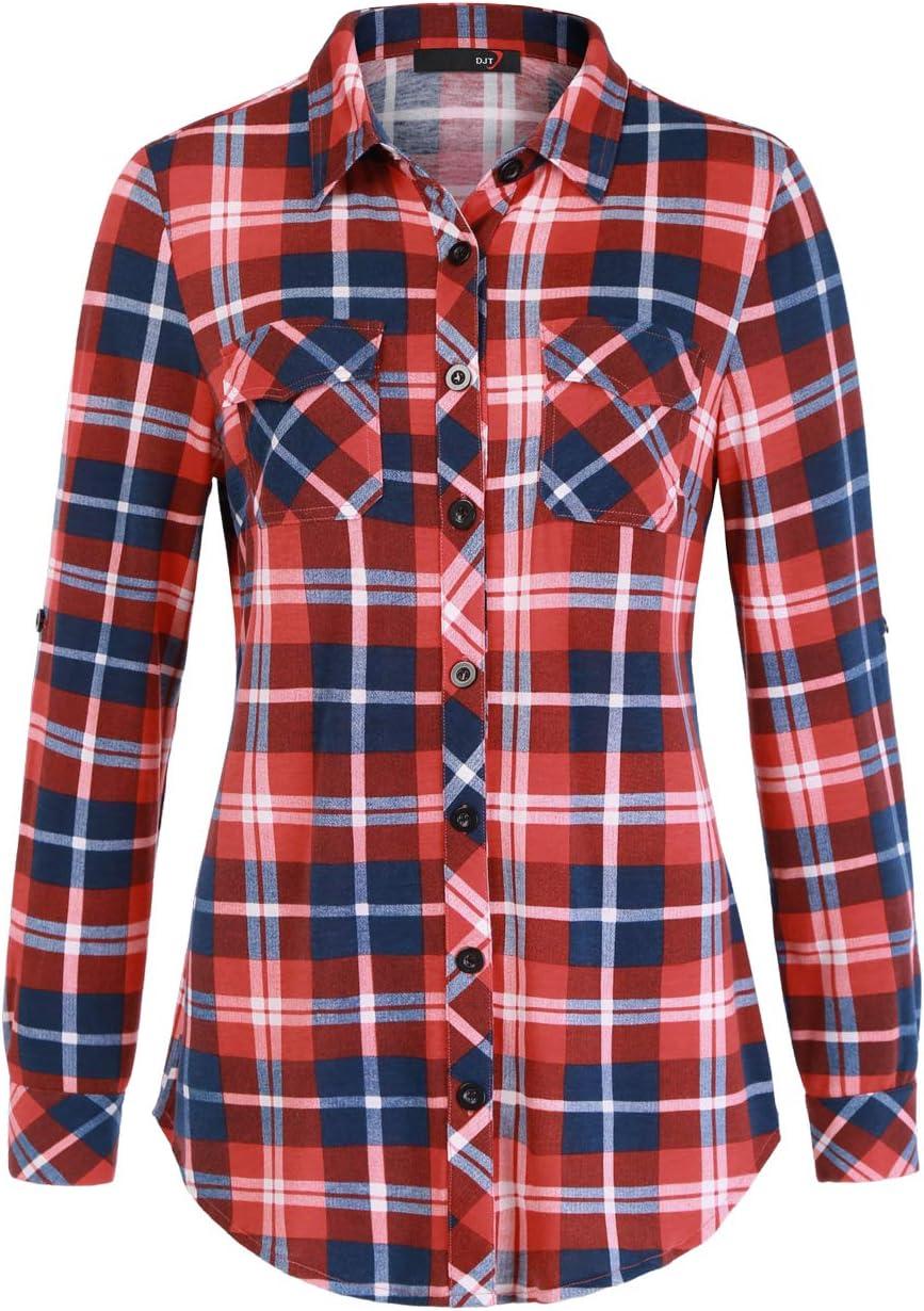 image:imageDJT Womens Soft Stretchy Knit Plaid Shirts Roll Up Long Sleeve Collared Button Down Blouses TopsFiery Red