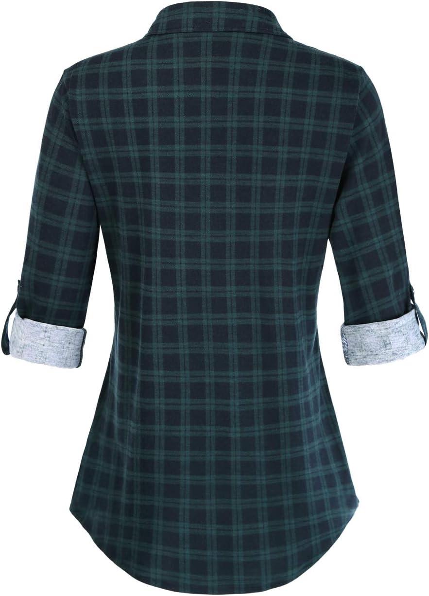 image:imageDJT Womens Soft Stretchy Knit Plaid Shirts Roll Up Long Sleeve Collared Button Down Blouses TopsGreen Pattern