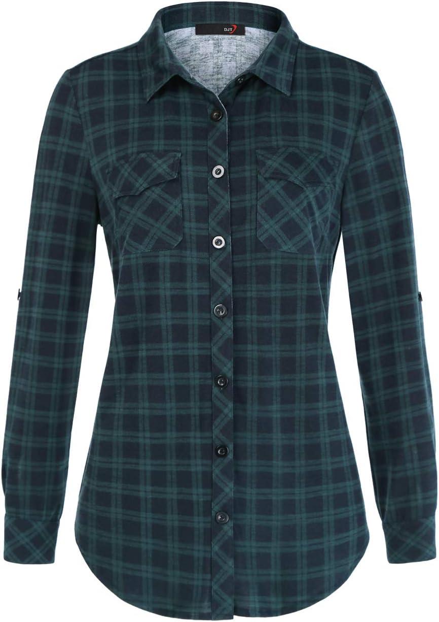 image:imageDJT Womens Soft Stretchy Knit Plaid Shirts Roll Up Long Sleeve Collared Button Down Blouses TopsGreen Pattern