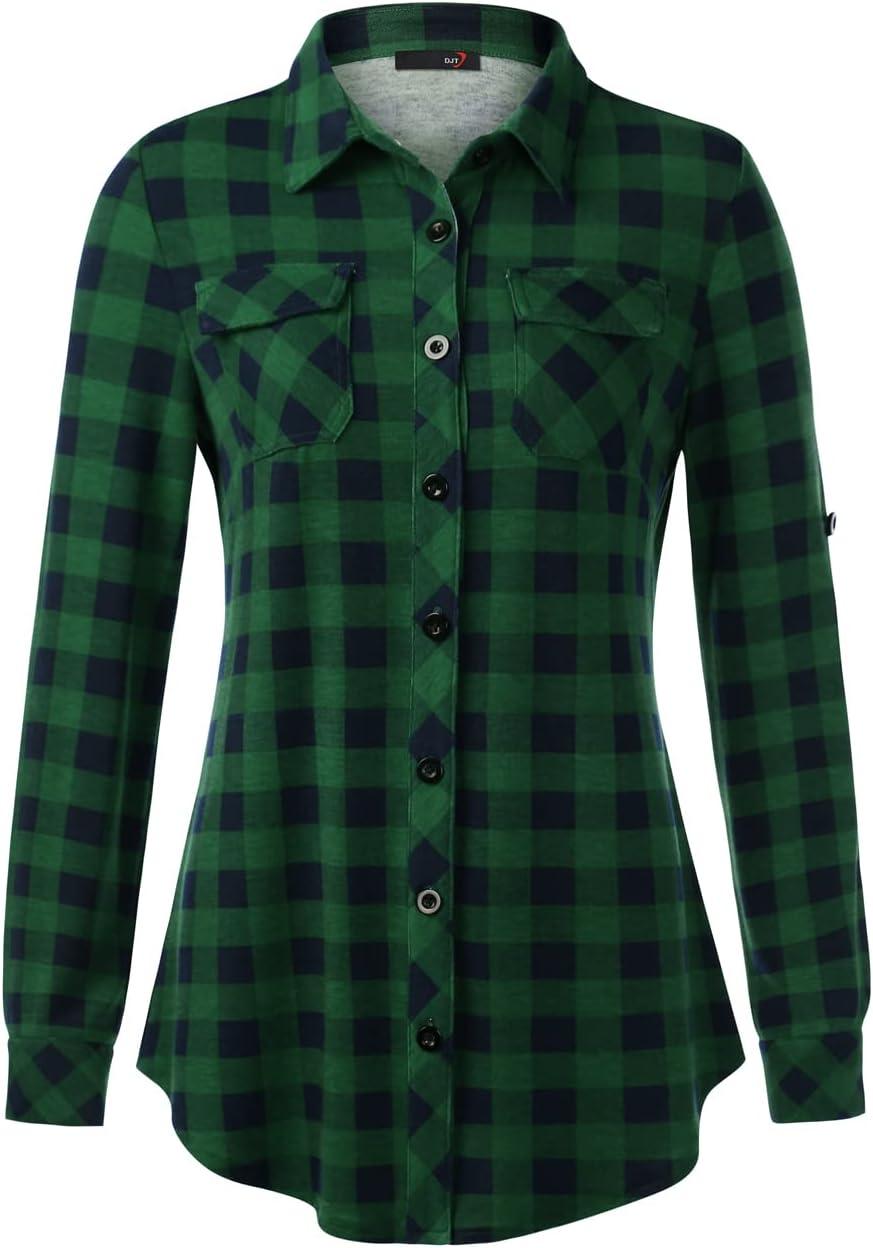 image:imageDJT Womens Soft Stretchy Knit Plaid Shirts Roll Up Long Sleeve Collared Button Down Blouses TopsGreen Plaid