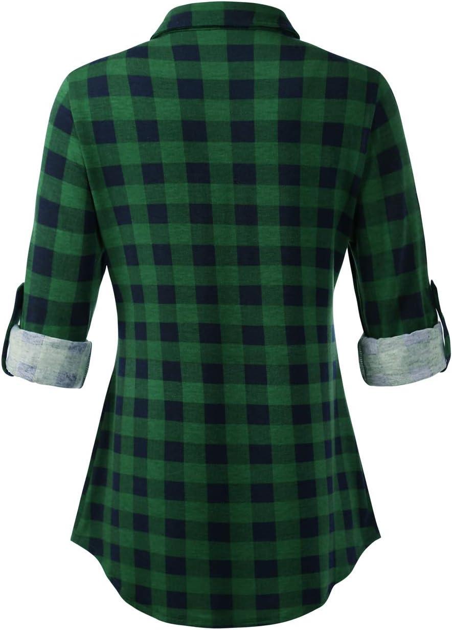 image:imageDJT Womens Soft Stretchy Knit Plaid Shirts Roll Up Long Sleeve Collared Button Down Blouses TopsGreen Plaid