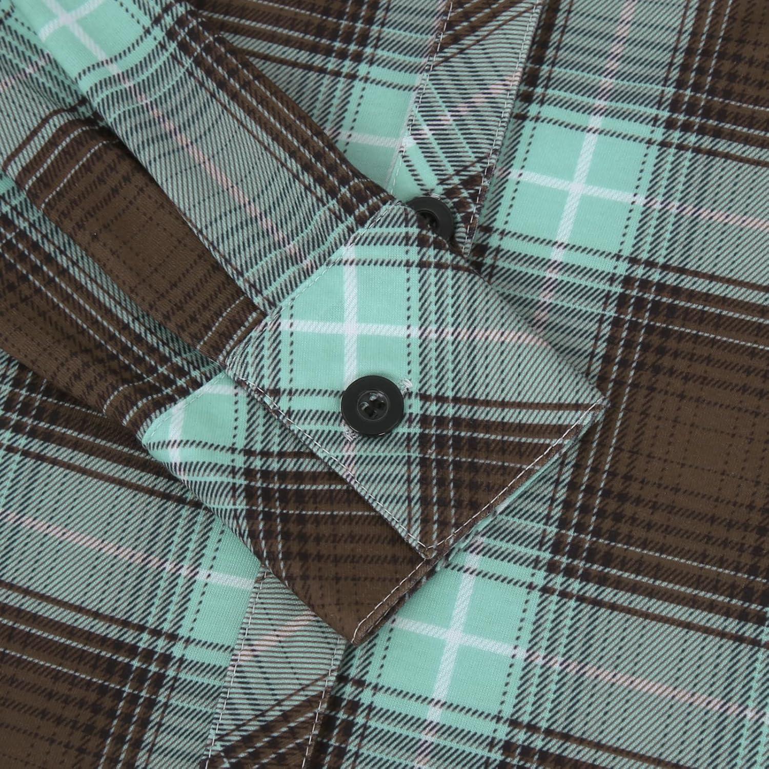 image:imageDJT Womens Soft Stretchy Knit Plaid Shirts Roll Up Long Sleeve Collared Button Down Blouses TopsGreenbrown