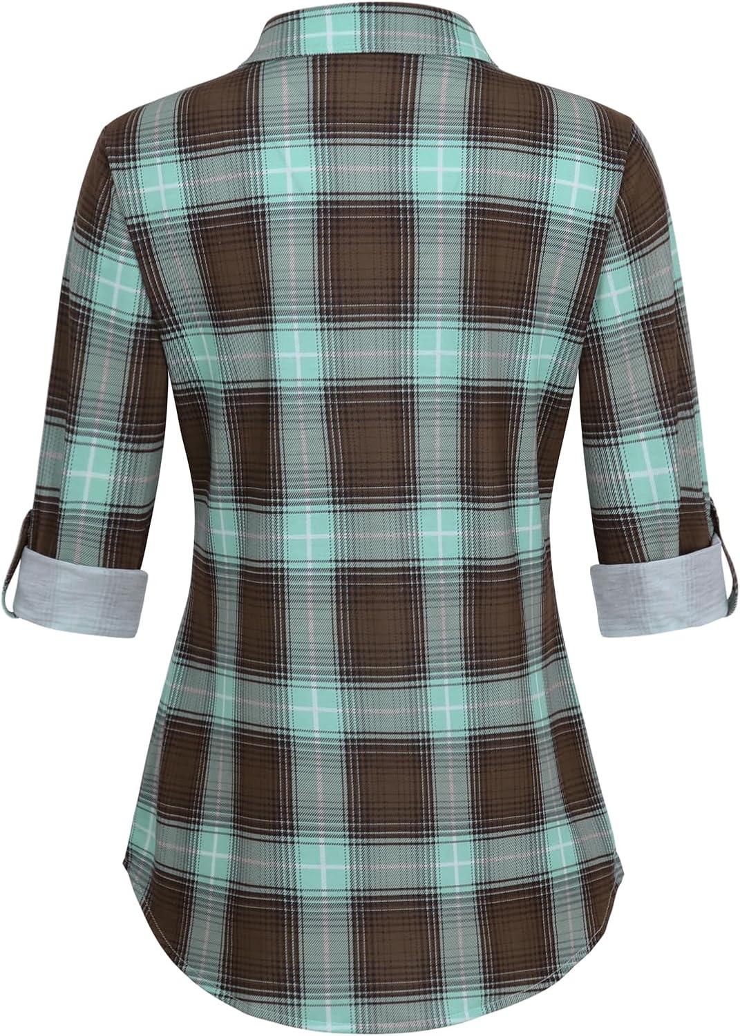 image:imageDJT Womens Soft Stretchy Knit Plaid Shirts Roll Up Long Sleeve Collared Button Down Blouses TopsGreenbrown