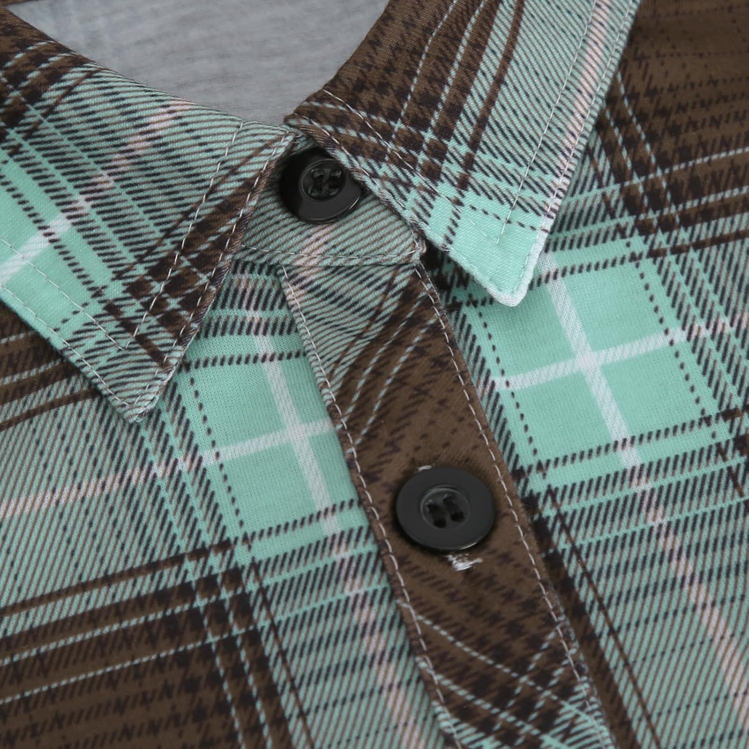 image:imageDJT Womens Soft Stretchy Knit Plaid Shirts Roll Up Long Sleeve Collared Button Down Blouses TopsGreenbrown