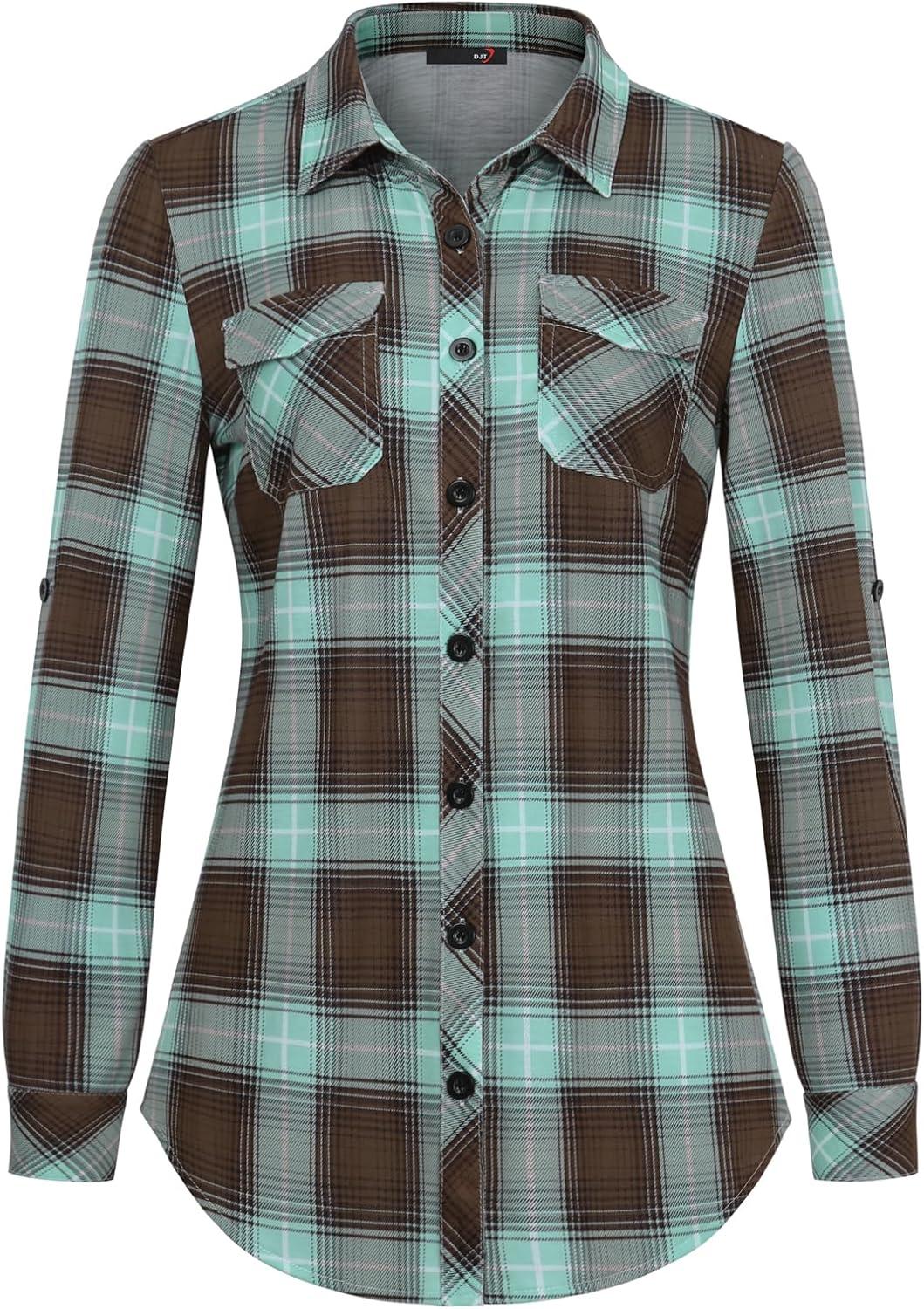image:imageDJT Womens Soft Stretchy Knit Plaid Shirts Roll Up Long Sleeve Collared Button Down Blouses TopsGreenbrown