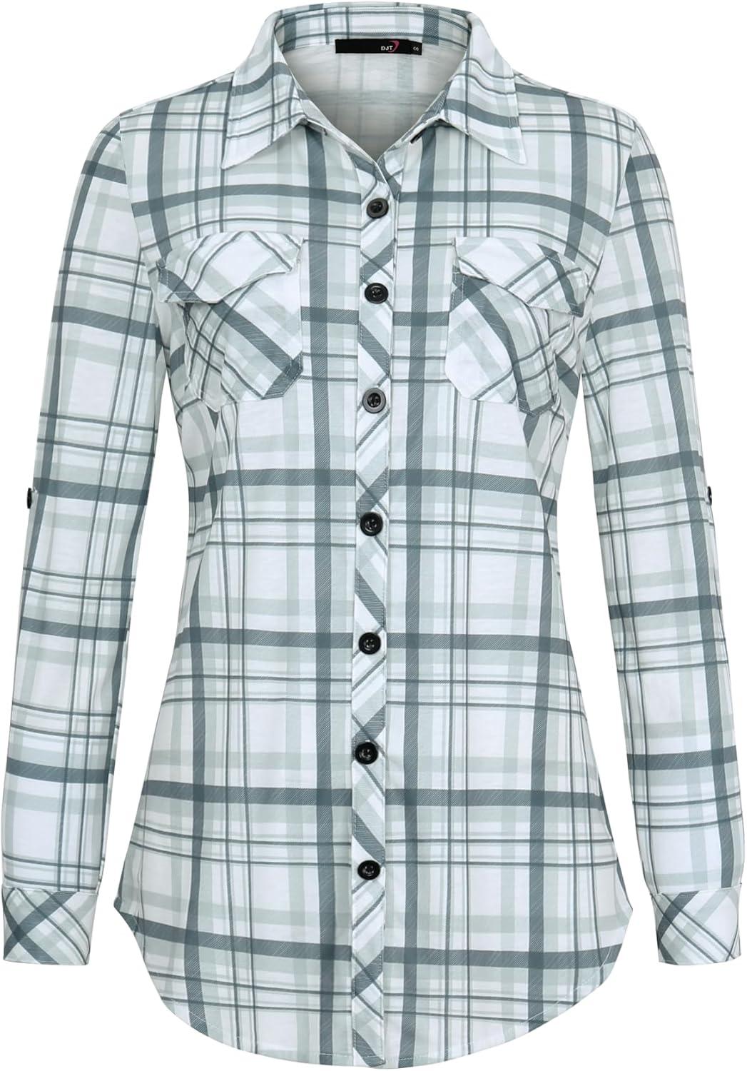 image:imageDJT Womens Soft Stretchy Knit Plaid Shirts Roll Up Long Sleeve Collared Button Down Blouses TopsGreygreen Plaid