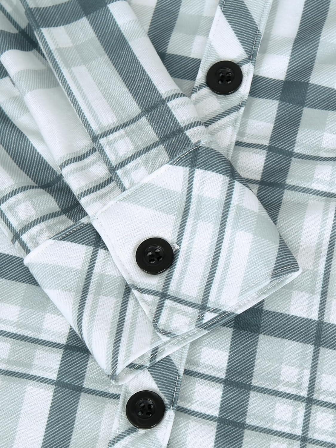 image:imageDJT Womens Soft Stretchy Knit Plaid Shirts Roll Up Long Sleeve Collared Button Down Blouses TopsGreygreen Plaid