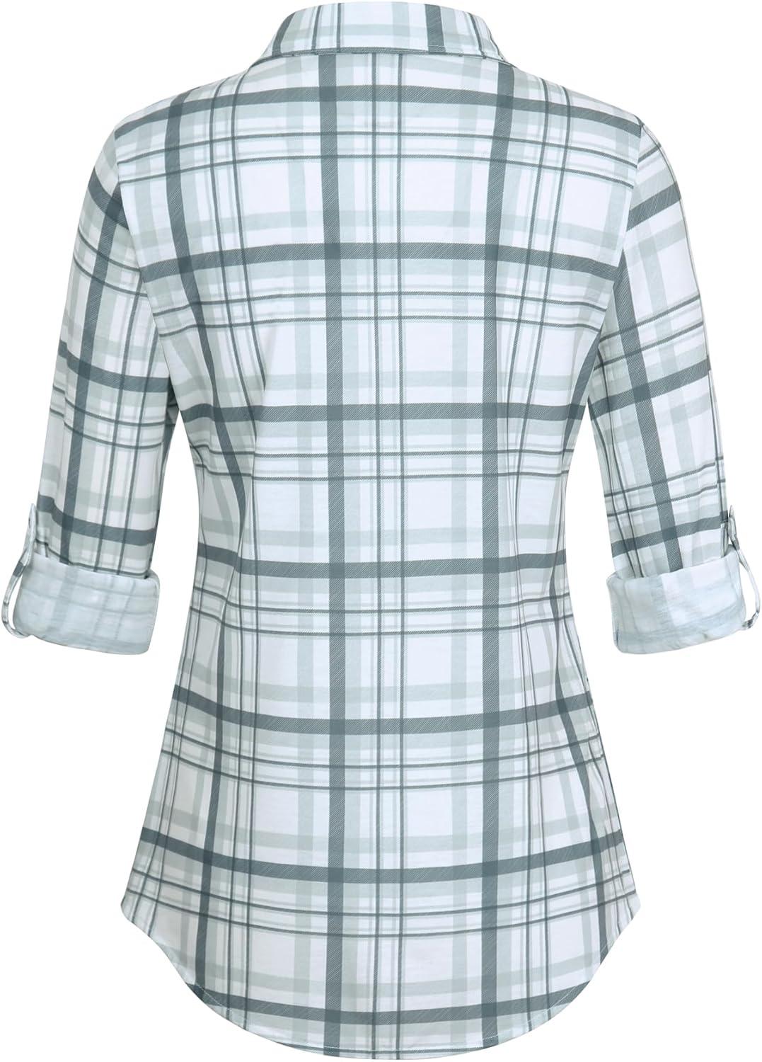 image:imageDJT Womens Soft Stretchy Knit Plaid Shirts Roll Up Long Sleeve Collared Button Down Blouses TopsGreygreen Plaid