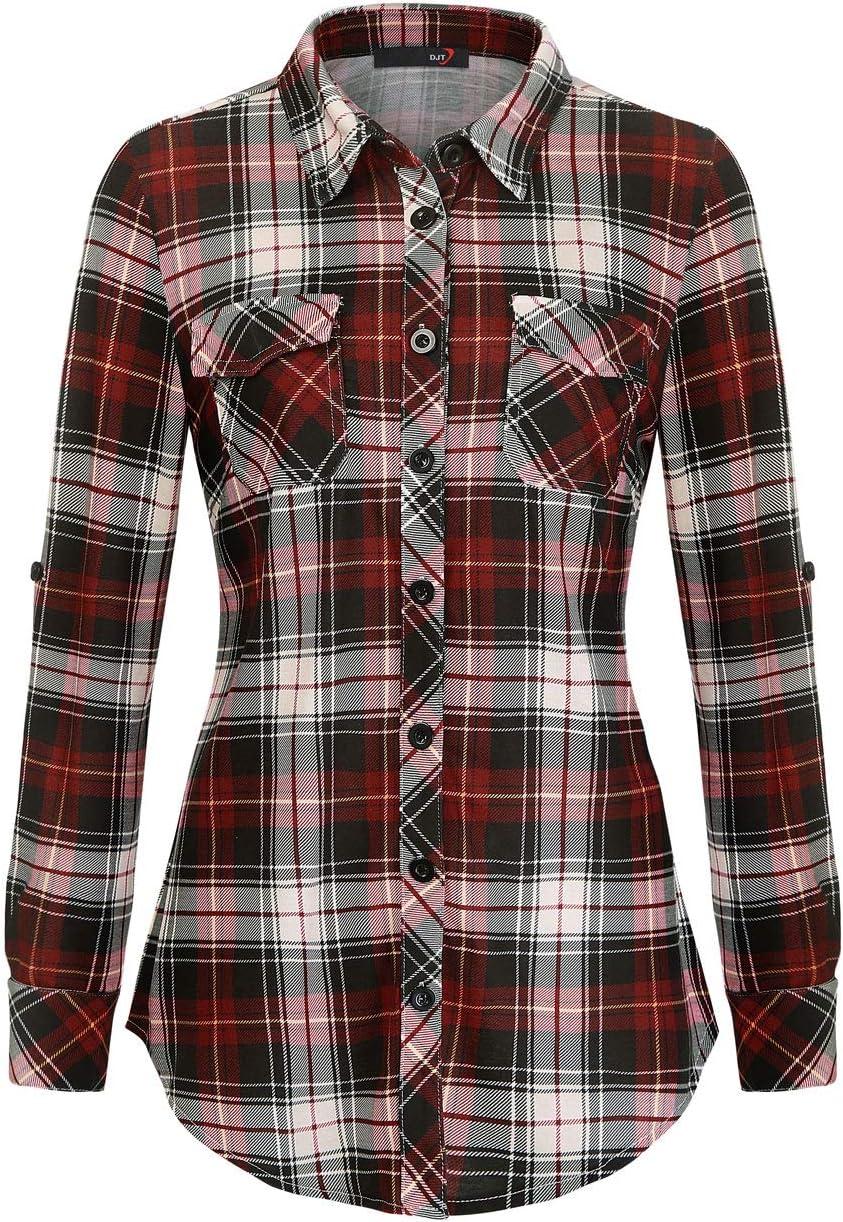 image:imageDJT Womens Soft Stretchy Knit Plaid Shirts Roll Up Long Sleeve Collared Button Down Blouses TopsHaute Red