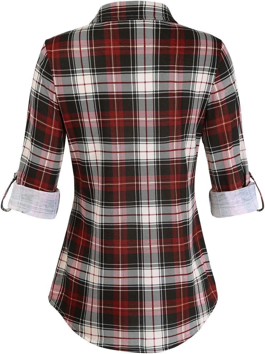 image:imageDJT Womens Soft Stretchy Knit Plaid Shirts Roll Up Long Sleeve Collared Button Down Blouses TopsHaute Red