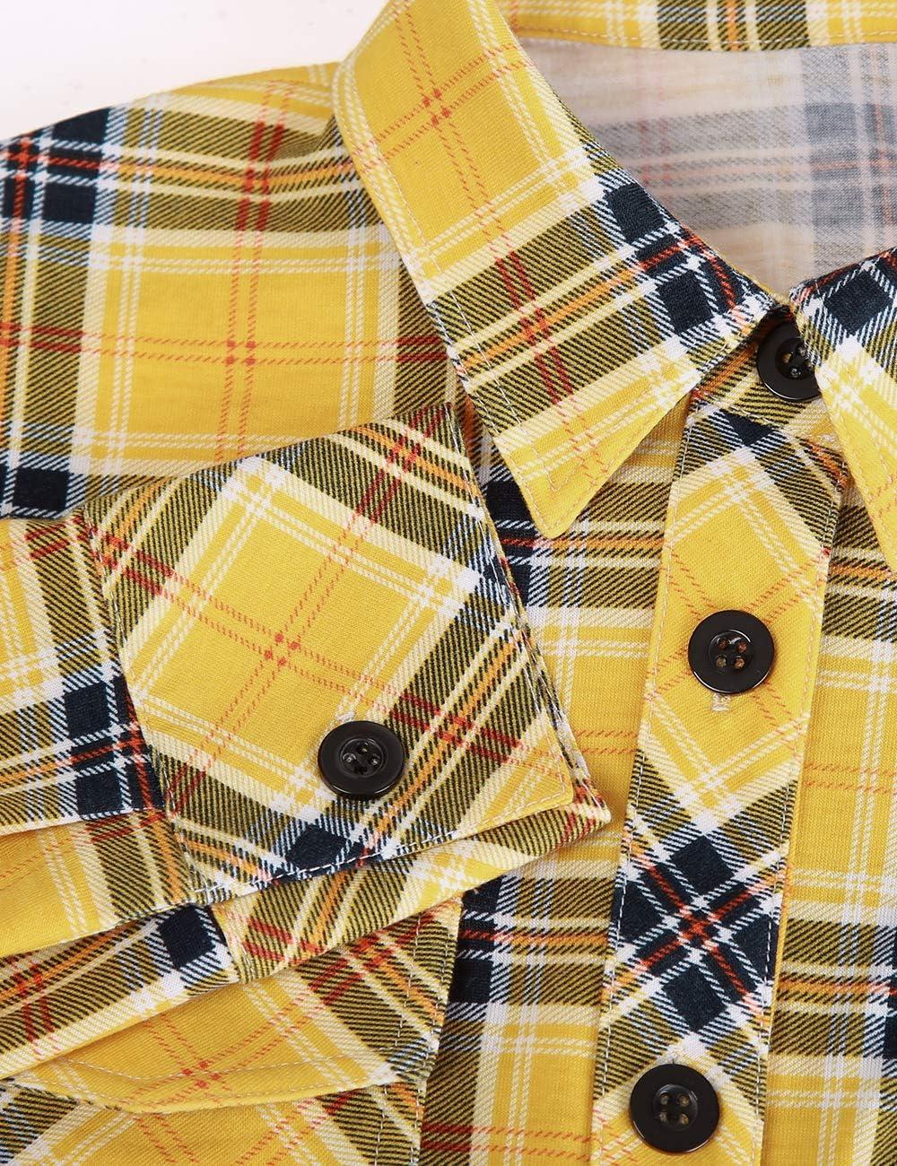 image:imageDJT Womens Soft Stretchy Knit Plaid Shirts Roll Up Long Sleeve Collared Button Down Blouses TopsLemon