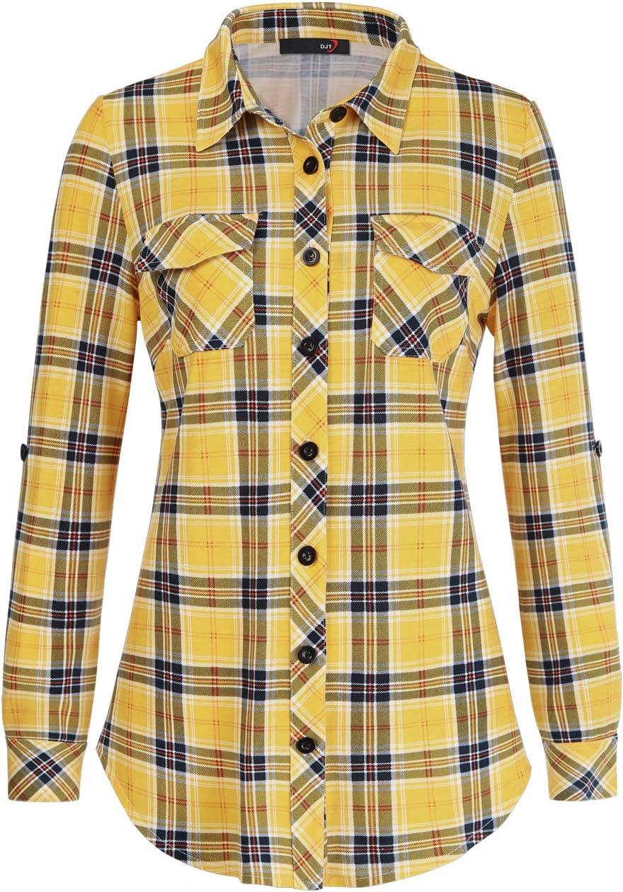 image:imageDJT Womens Soft Stretchy Knit Plaid Shirts Roll Up Long Sleeve Collared Button Down Blouses TopsLemon