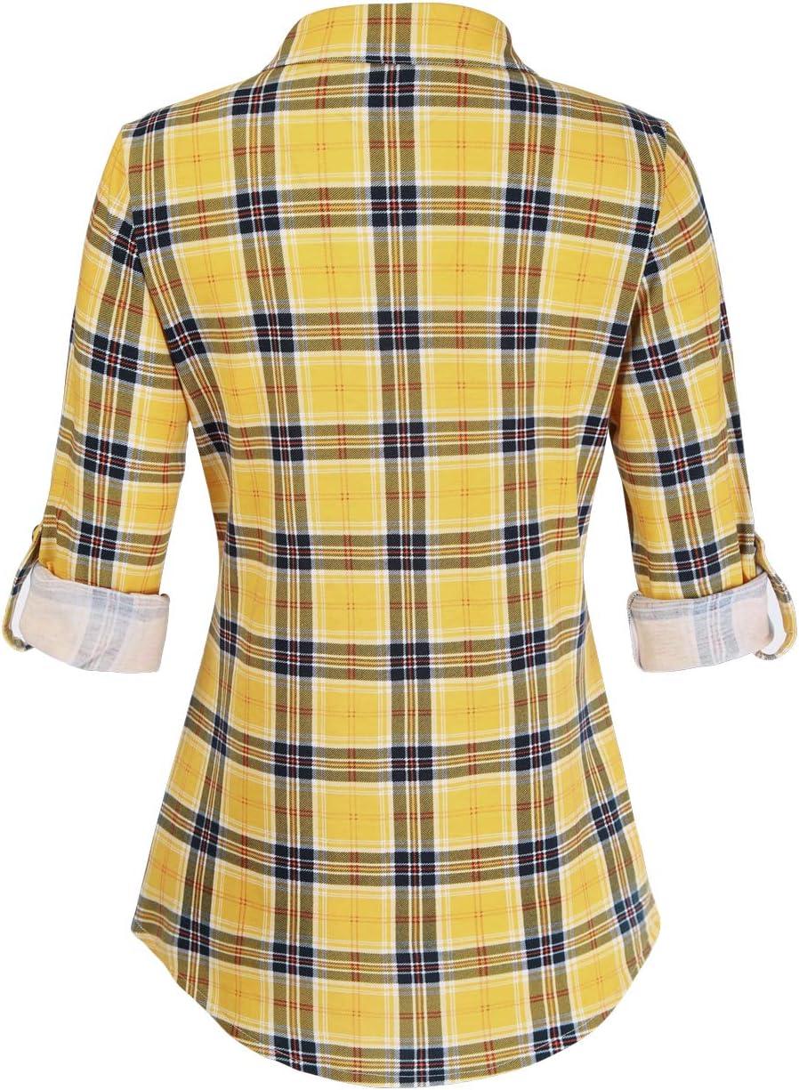 image:imageDJT Womens Soft Stretchy Knit Plaid Shirts Roll Up Long Sleeve Collared Button Down Blouses TopsLemon