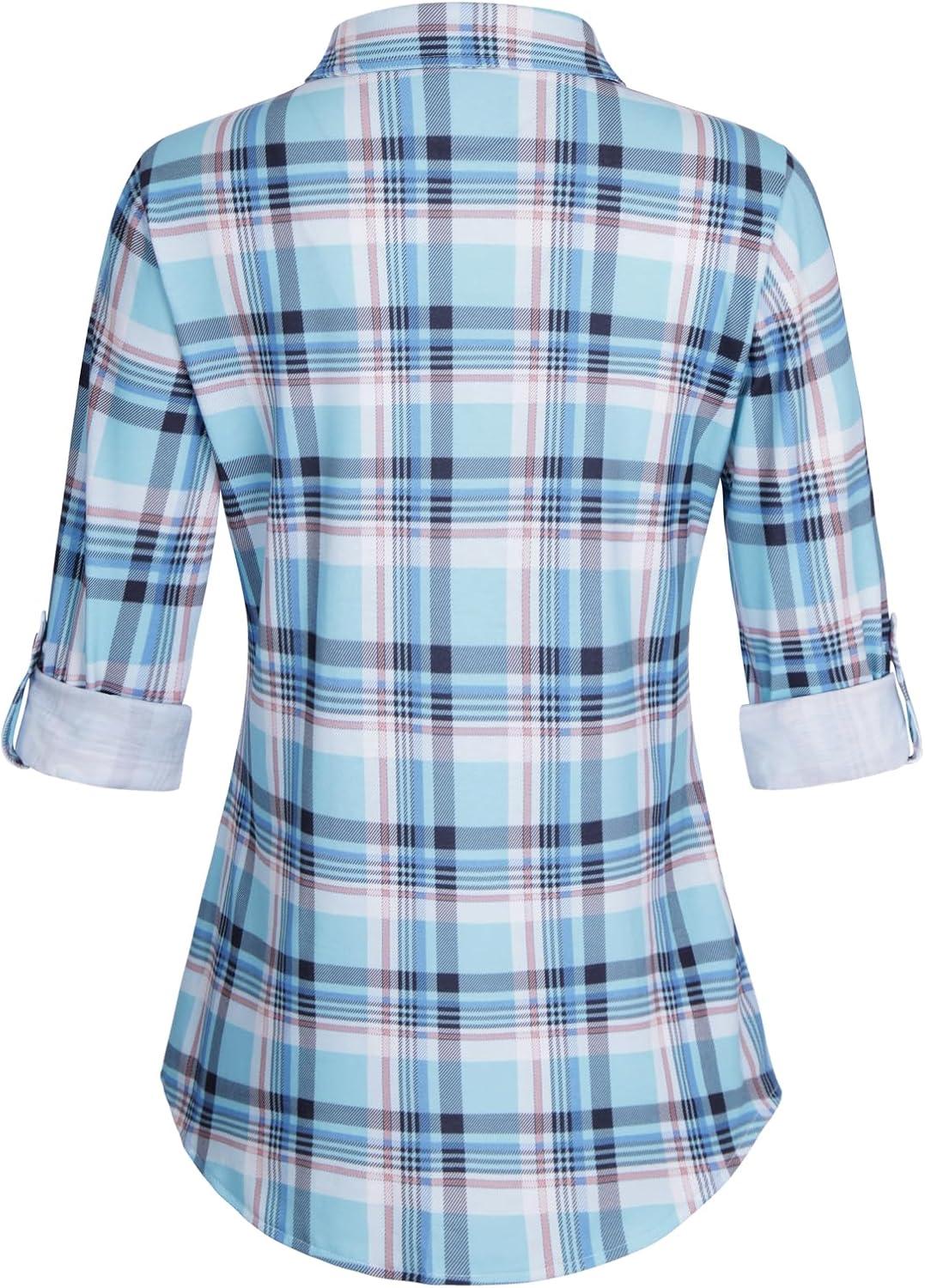 image:imageDJT Womens Soft Stretchy Knit Plaid Shirts Roll Up Long Sleeve Collared Button Down Blouses TopsLight Blue Plaid