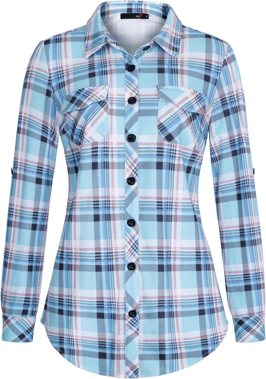 image:imageDJT Womens Soft Stretchy Knit Plaid Shirts Roll Up Long Sleeve Collared Button Down Blouses TopsLight Blue Plaid