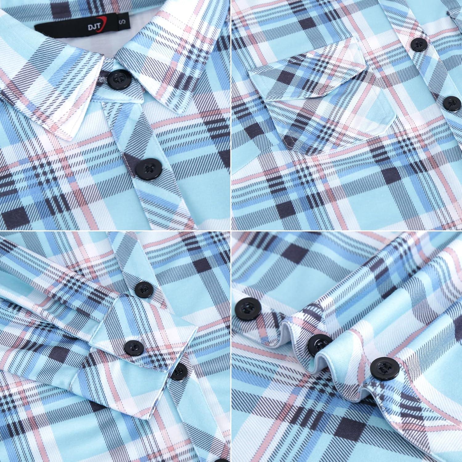 image:imageDJT Womens Soft Stretchy Knit Plaid Shirts Roll Up Long Sleeve Collared Button Down Blouses TopsLight Blue Plaid