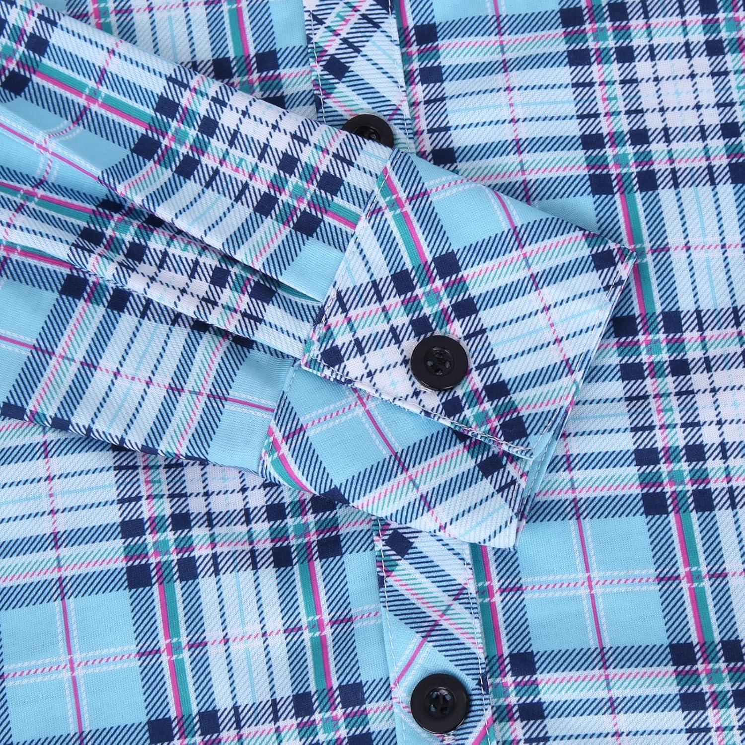 image:imageDJT Womens Soft Stretchy Knit Plaid Shirts Roll Up Long Sleeve Collared Button Down Blouses TopsLight Bluewhite