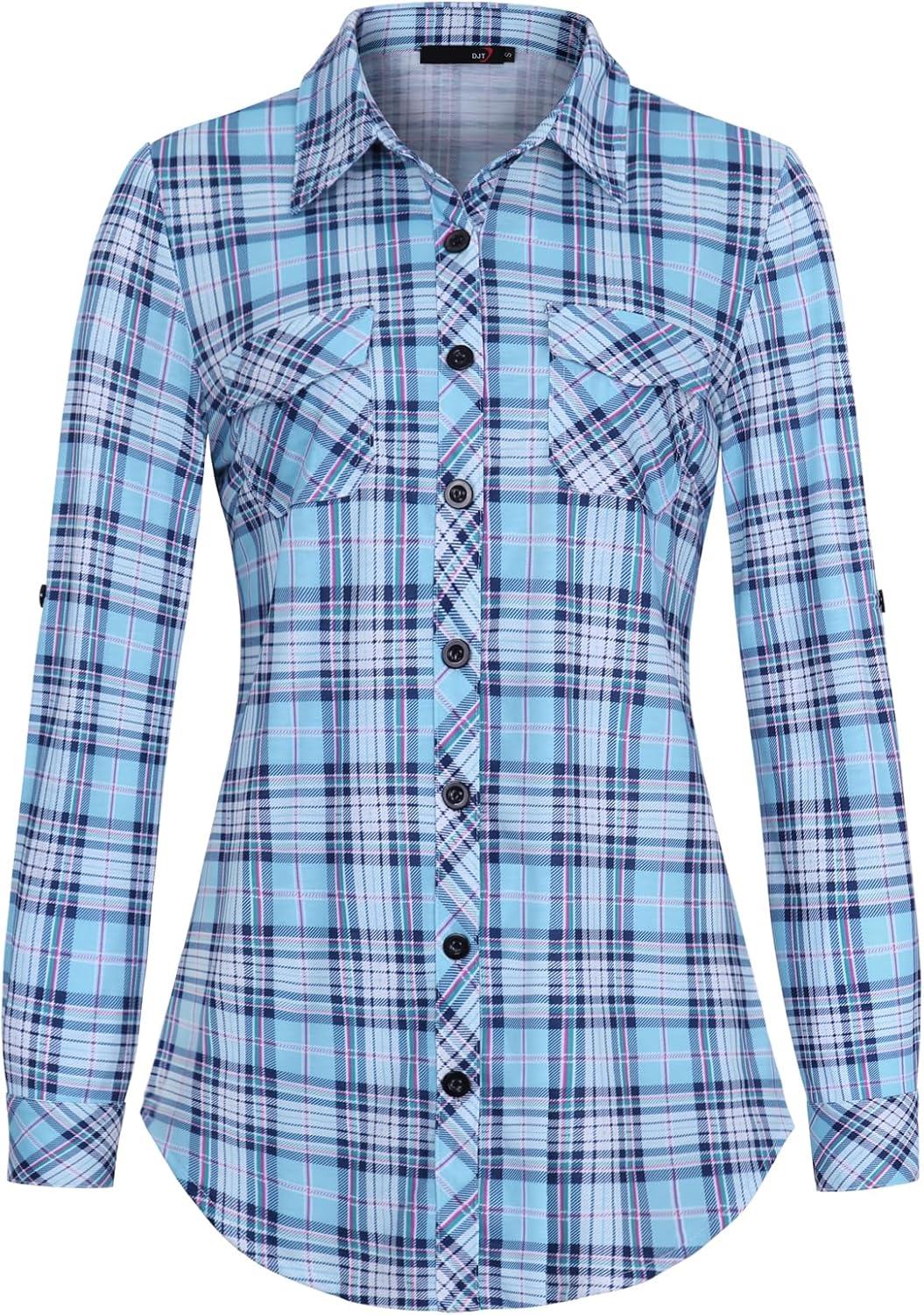image:imageDJT Womens Soft Stretchy Knit Plaid Shirts Roll Up Long Sleeve Collared Button Down Blouses TopsLight Bluewhite