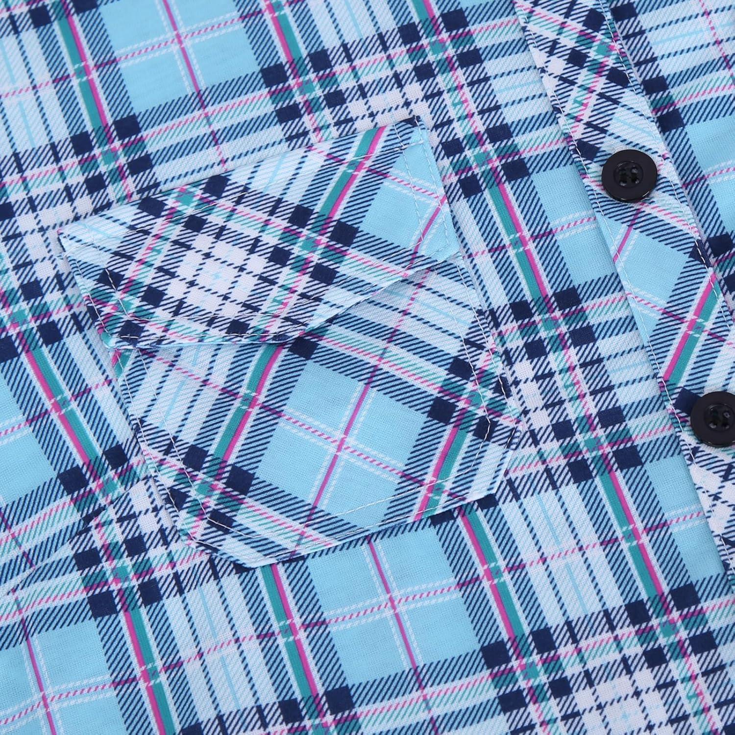 image:imageDJT Womens Soft Stretchy Knit Plaid Shirts Roll Up Long Sleeve Collared Button Down Blouses TopsLight Bluewhite