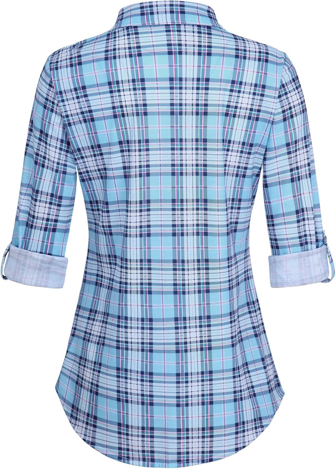 image:imageDJT Womens Soft Stretchy Knit Plaid Shirts Roll Up Long Sleeve Collared Button Down Blouses TopsLight Bluewhite