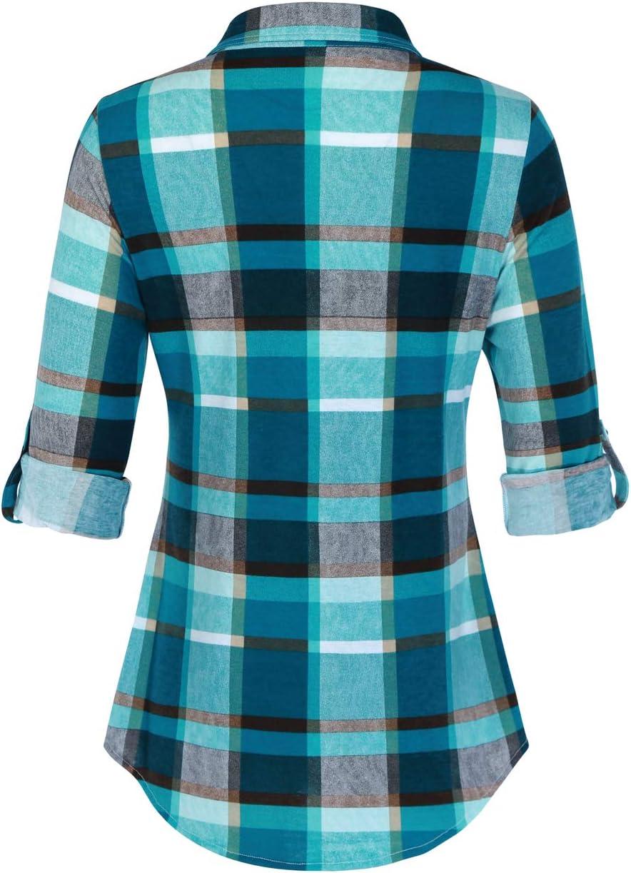 image:imageDJT Womens Soft Stretchy Knit Plaid Shirts Roll Up Long Sleeve Collared Button Down Blouses TopsMulticolor