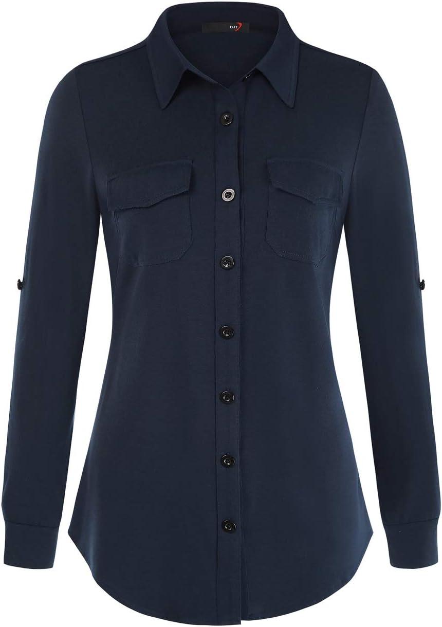 image:imageDJT Womens Soft Stretchy Knit Plaid Shirts Roll Up Long Sleeve Collared Button Down Blouses TopsNavy